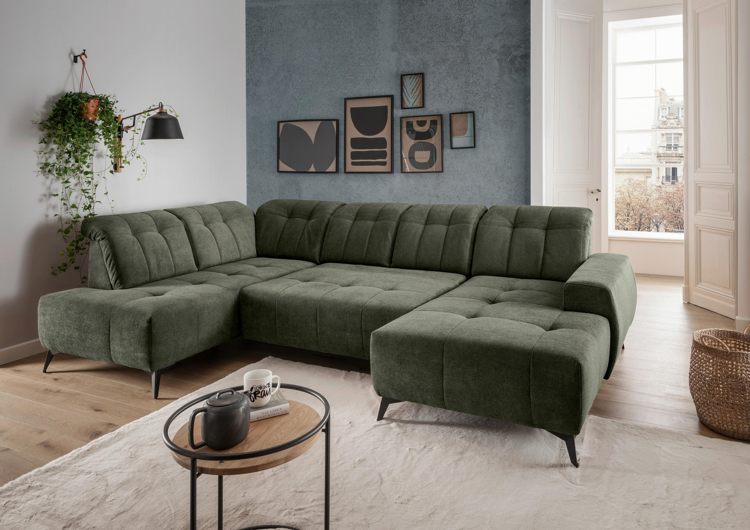 WOHNLANDSCHAFT SANO in Chenille Dunkelgrün  - Dunkelgrün/Schwarz, MODERN, Textil/Metall (200/337/180cm) - Livetastic