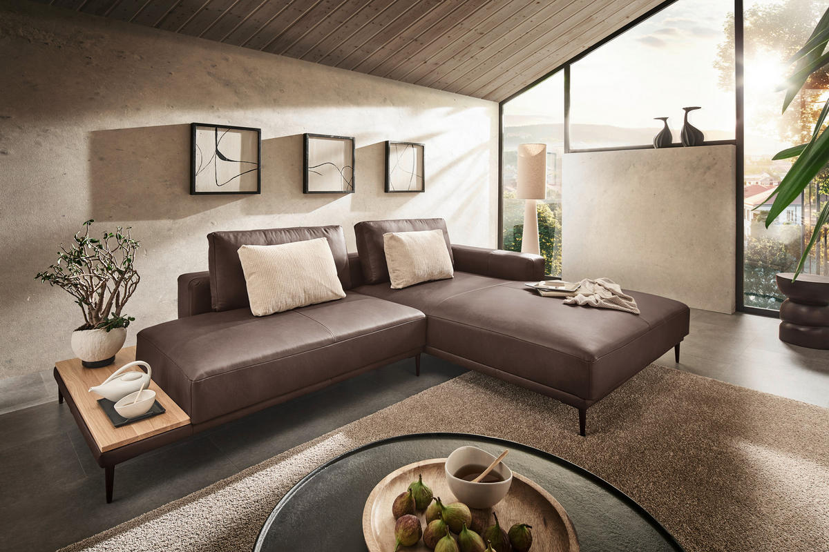 ECKSOFA in Echtleder Dunkelbraun  - Dunkelbraun/Schwarz, Design, Leder/Metall (304/201cm) - Emilio Belluti