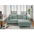 Carryhome ECKSOFA Olivgrün Cord, links davon: Beistelltisch, Blume in grün, Lektüre, rechts davon: Topfpflanze in grün in hellem Wohnzimmer.