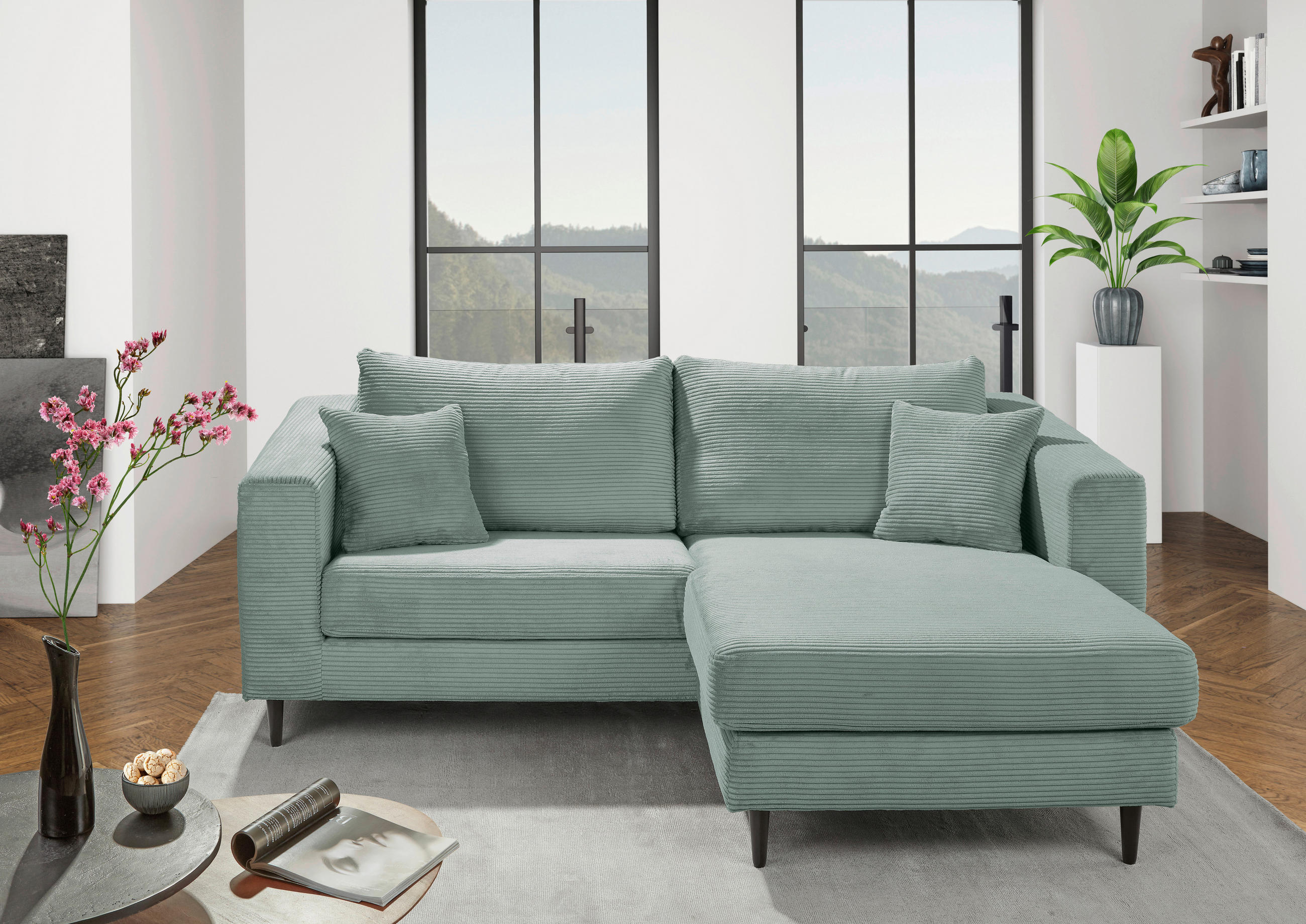 ECKSOFA in Cord Olivgrün  - Schwarz/Olivgrün, Konventionell, Holz/Textil (212/155cm) - Carryhome