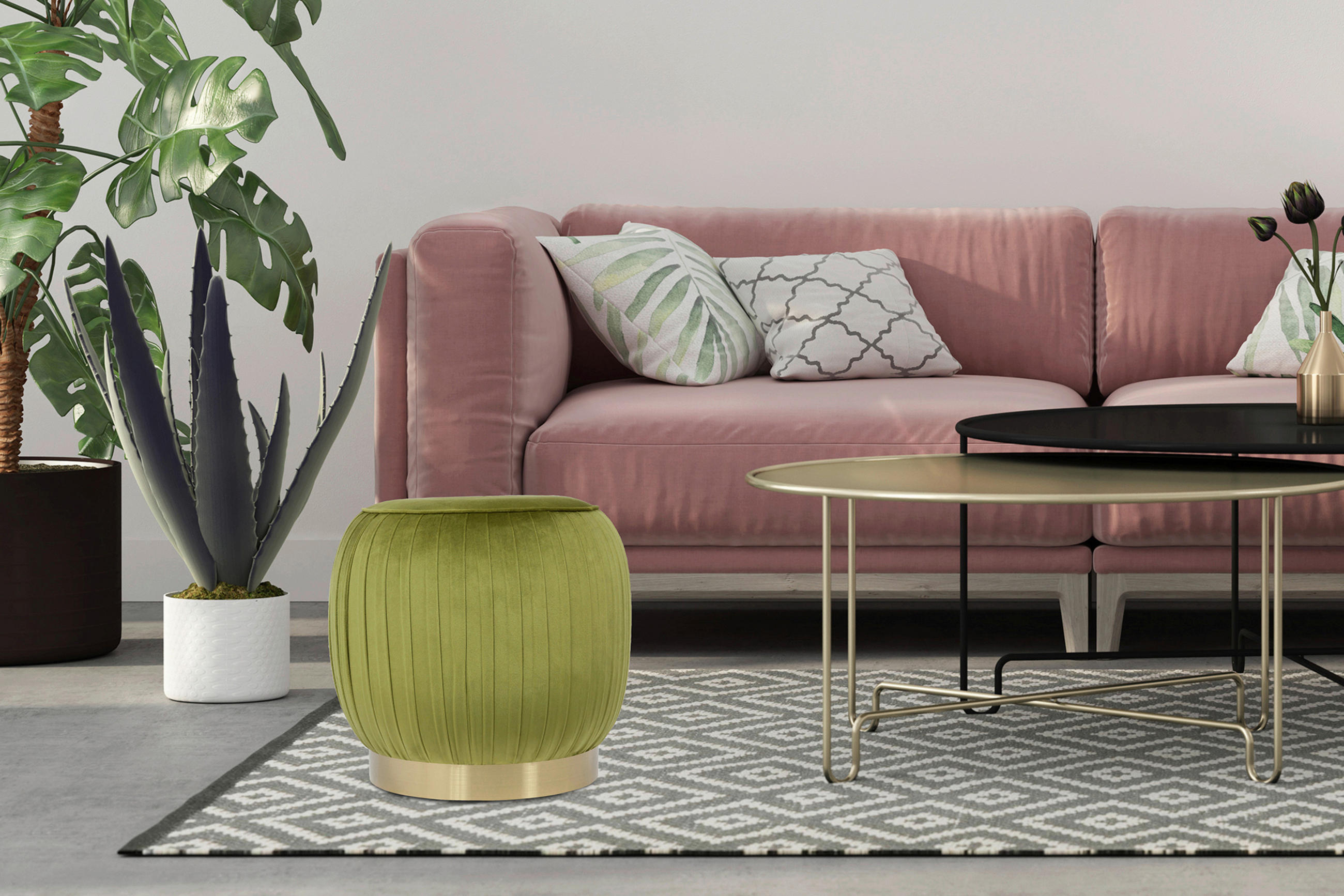 HOCKER in Textil Grün  - Goldfarben/Grün, Design, Textil/Metall (43/42cm) - Kayoom