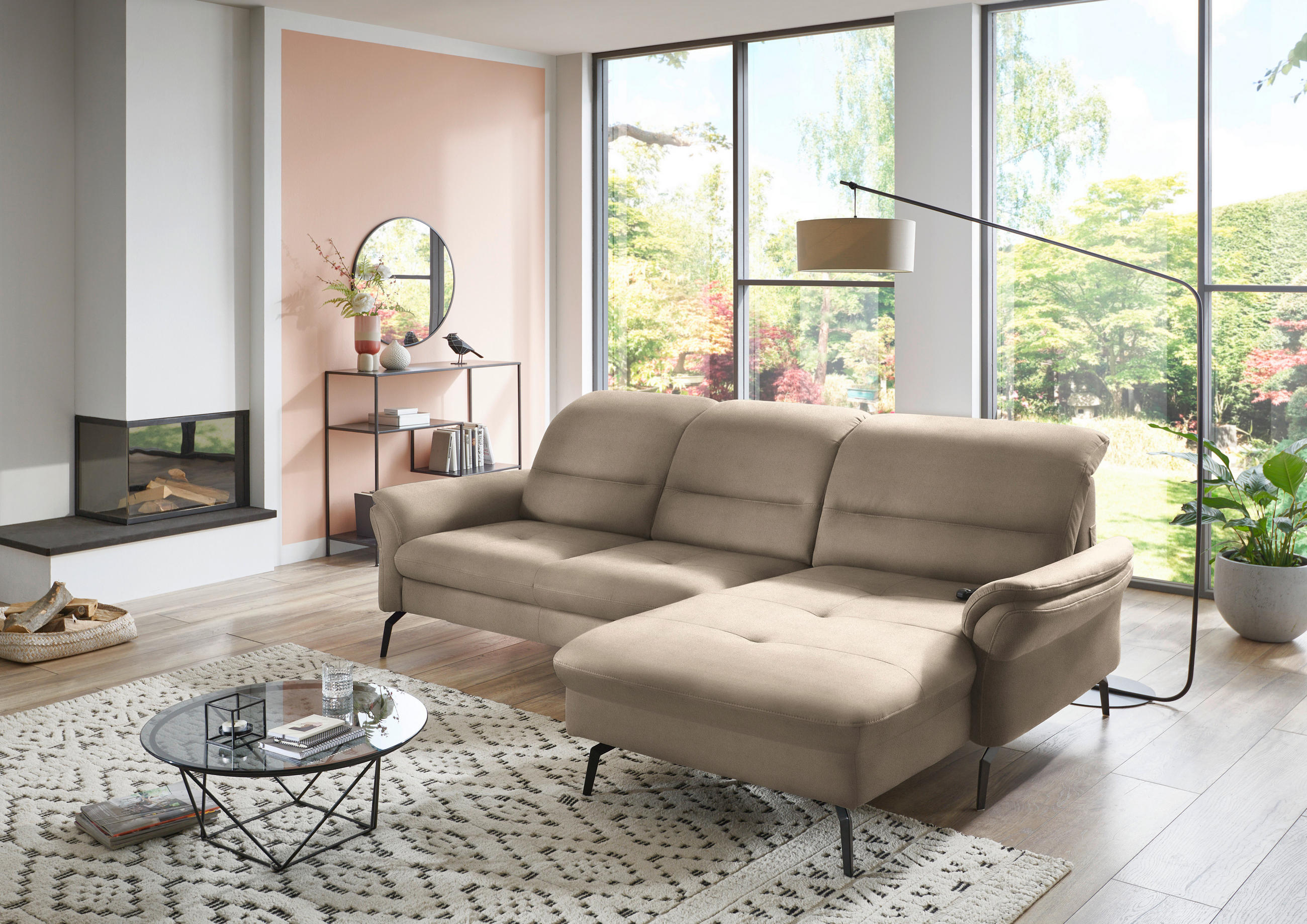 ECKSOFA in Flachgewebe Naturfarben, Sandfarben  260/181 cm  - Sandfarben/Schwarz, KONVENTIONELL, Textil/Metall (260/181cm) - Beldomo Speed