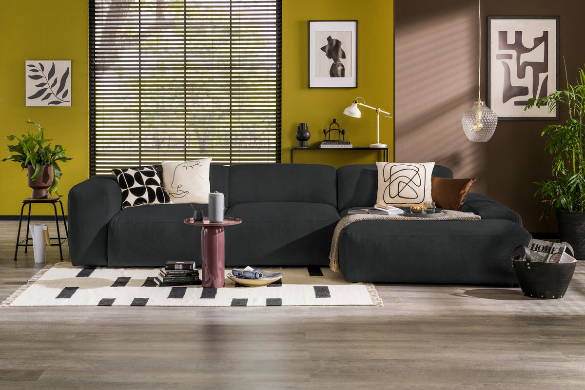 ECKSOFA HANNAH Schwarz Cord  - Schwarz, Design, Kunststoff/Textil (343/170cm) - MID.YOU