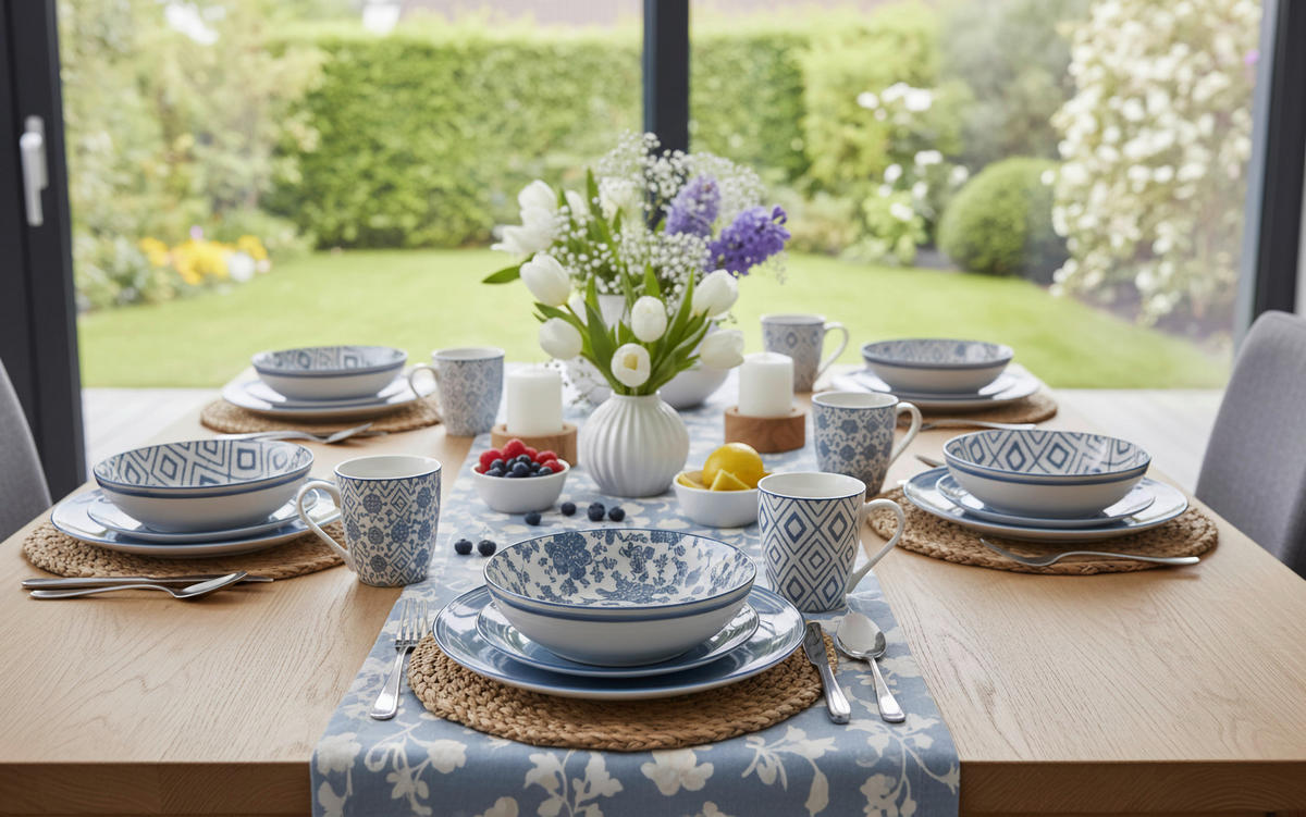 KOMPLETT SERVIS 30 delar  - vit/blå, Lifestyle, keramik - Novel