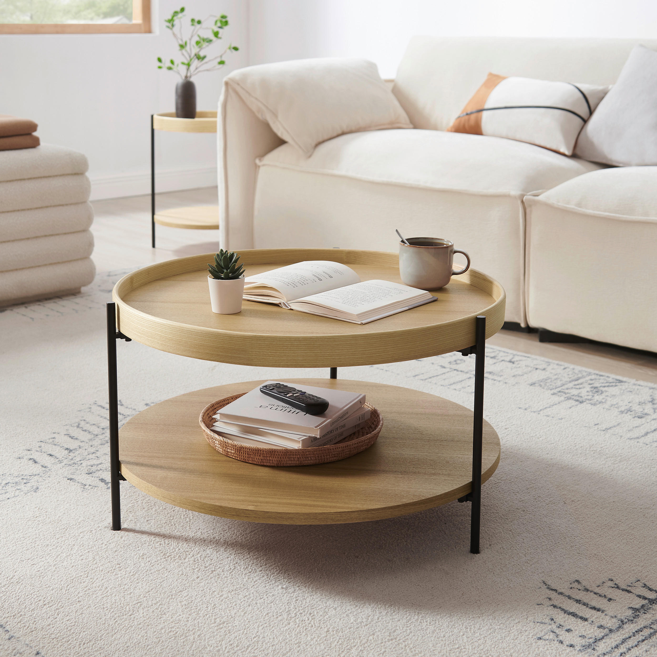 COUCHTISCH 69/69/39 cm rund Eichefarben  - Eichefarben/Schwarz, Design, Holzwerkstoff/Metall (69/69/39cm) - Livetastic