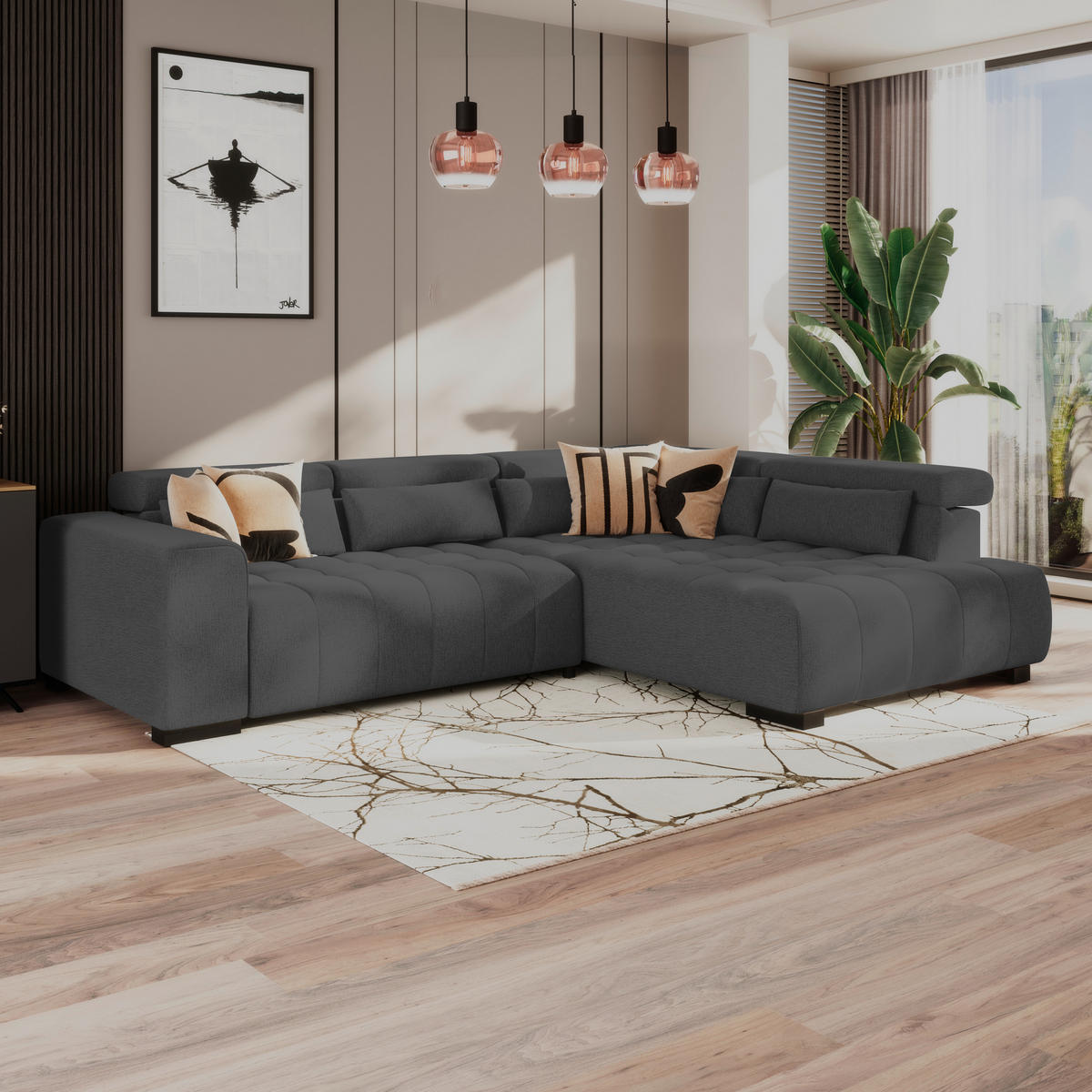 ECKSOFA MATERA Graphitfarben Chenille, Struktur Nierenkissen, Kopfteilverstellung, Sitzvorzug  - Schwarz/Graphitfarben, Trend, Holz/Textil (311/226cm) - MID.YOU
