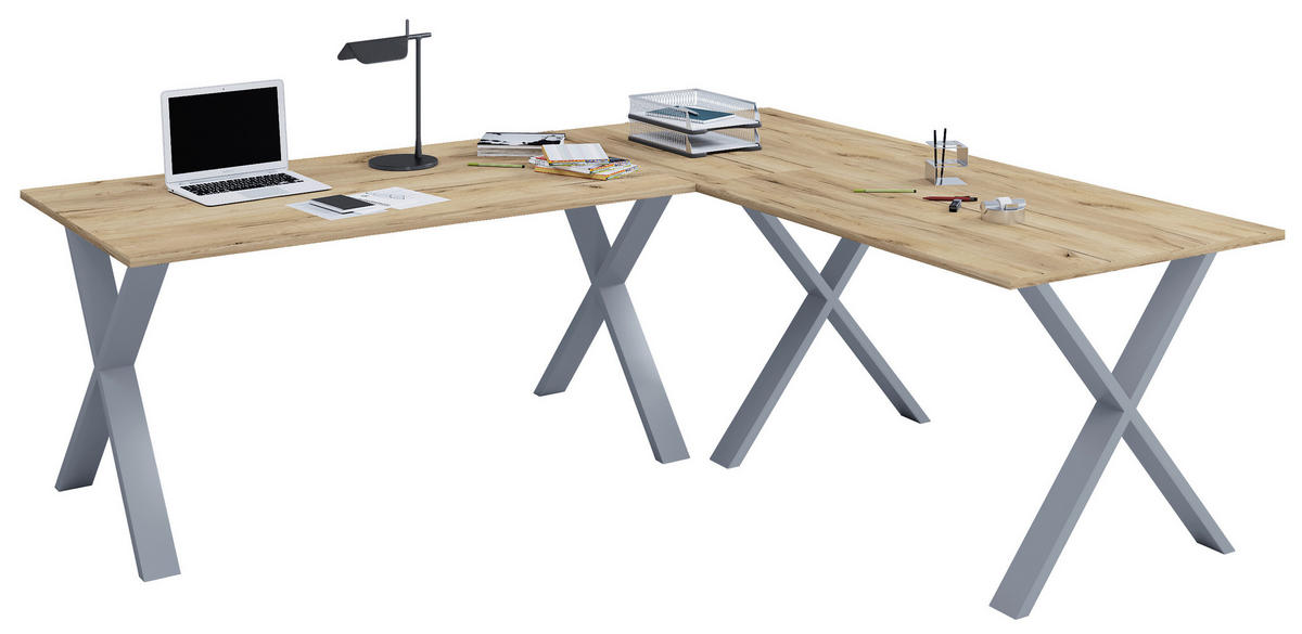 ECKSCHREIBTISCH 160/130/76 cm  in Silberfarben, Honigeiche  - Honigeiche/Silberfarben, MODERN, Holzwerkstoff/Metall (160/130/76cm) - MID.YOU