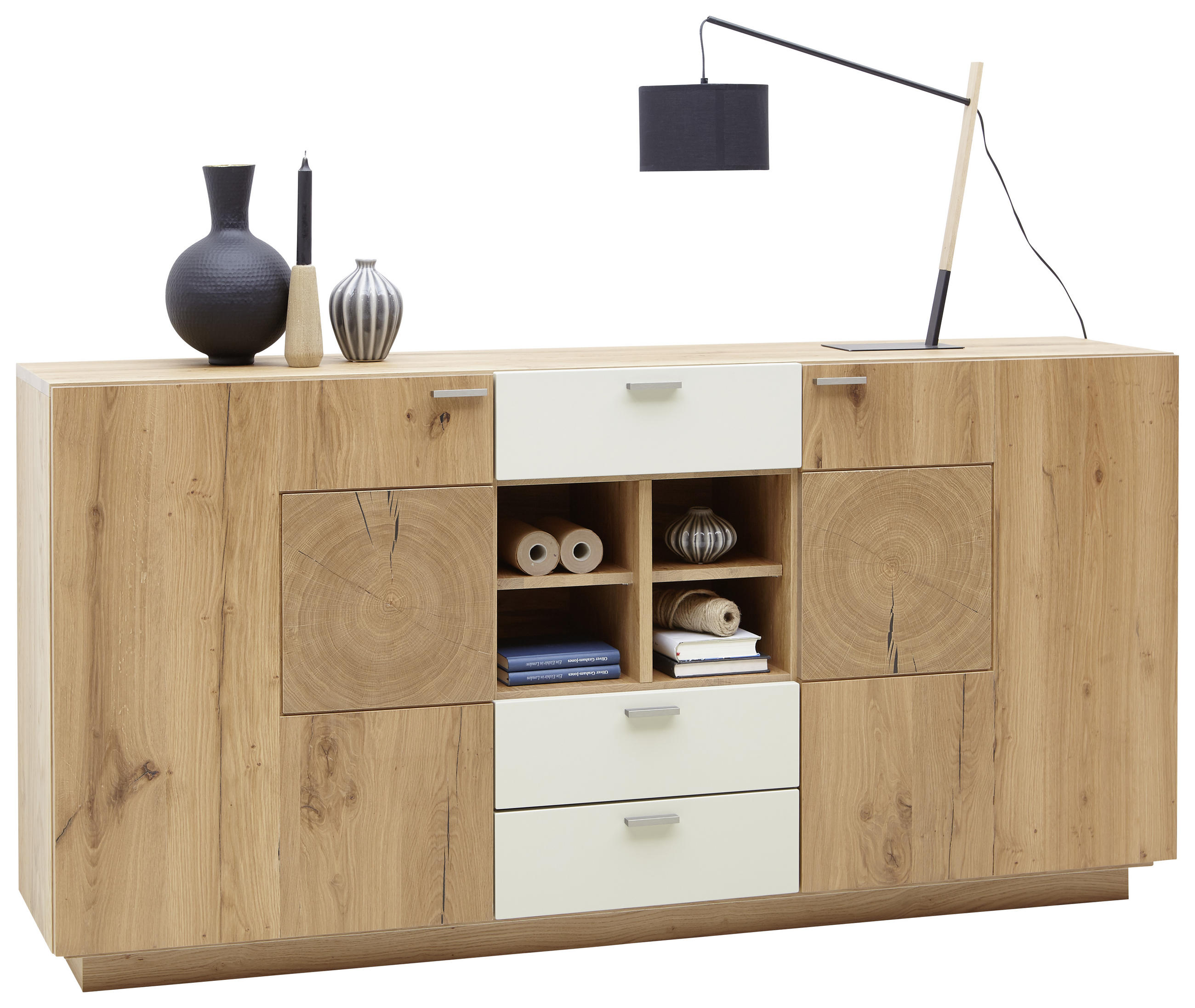 SIDEBOARD Asteiche furniert Eichefarben, Champagner Befestigungsmaterial, Rückwand, Einlegeböden - Champagner/Eichefarben, KONVENTIONELL, Holz/Metall (176/88/38cm) - Voleo
