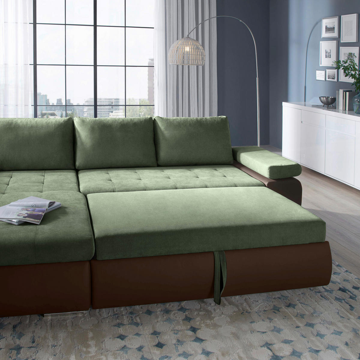 ECKSOFA in Flachgewebe Braun, Olivgrün  - Braun/Olivgrün, Design, Kunststoff/Textil (175/271cm) - MID.YOU