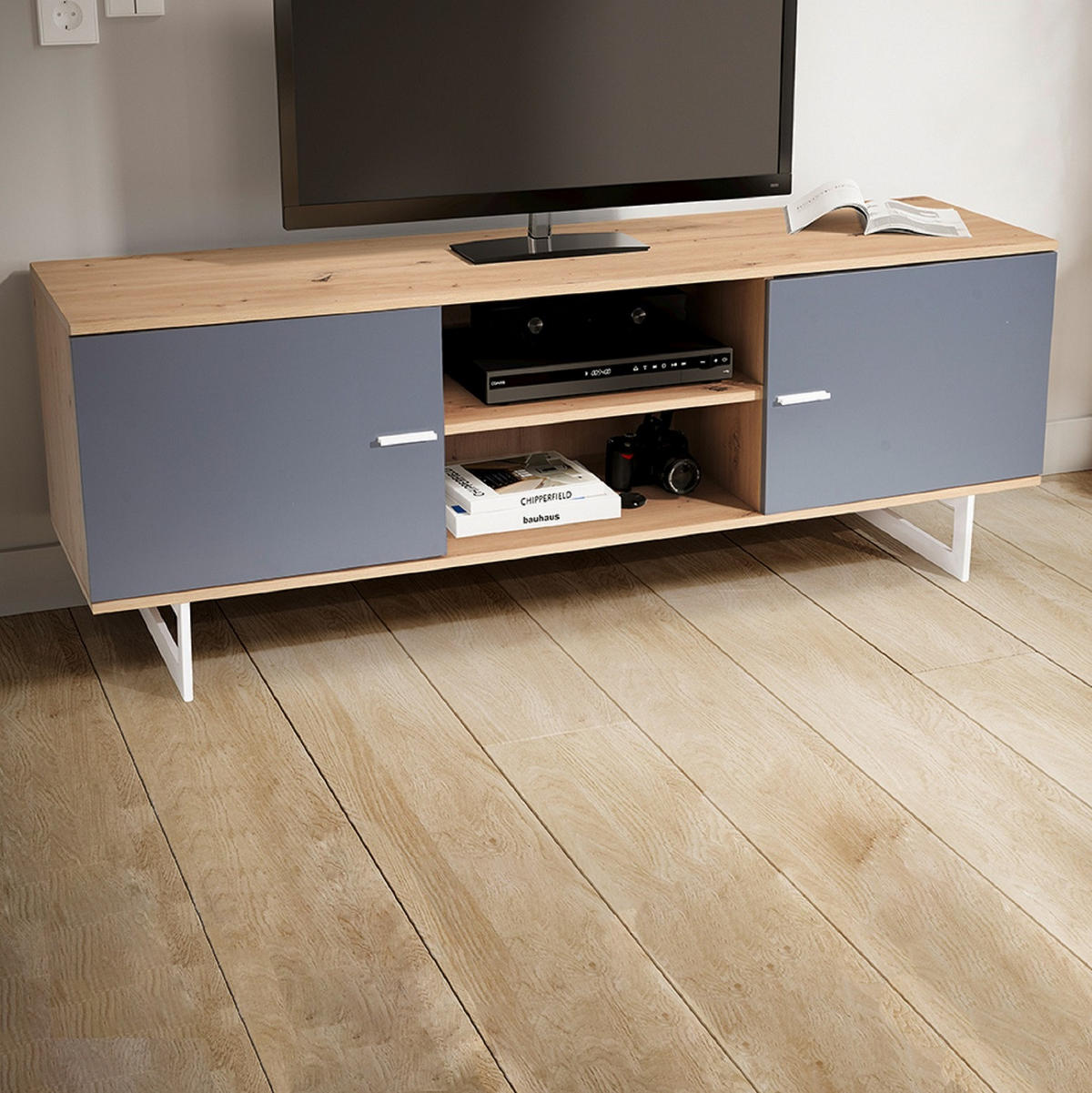 NÍZKÁ KOMODA, šedá, barvy dubu, 150/55/40 cm - šedá/barvy stříbra, Design, kov/kompozitní dřevo (150/55/40cm) - Livetastic