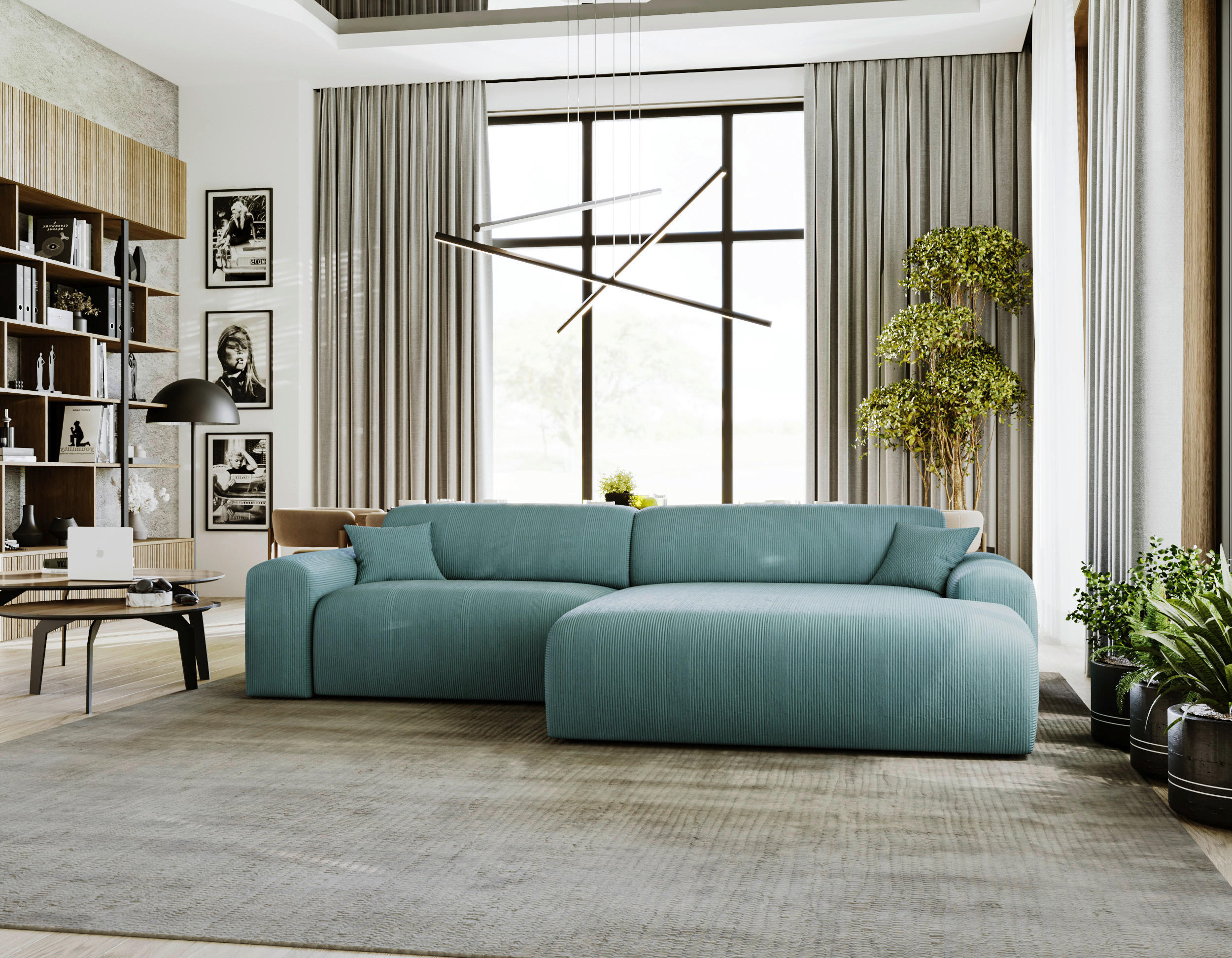ECKSOFA in Velours, Feincord Salbeigrün  - Salbeigrün/Schwarz, Design, Kunststoff/Textil (292/178cm) - Livetastic
