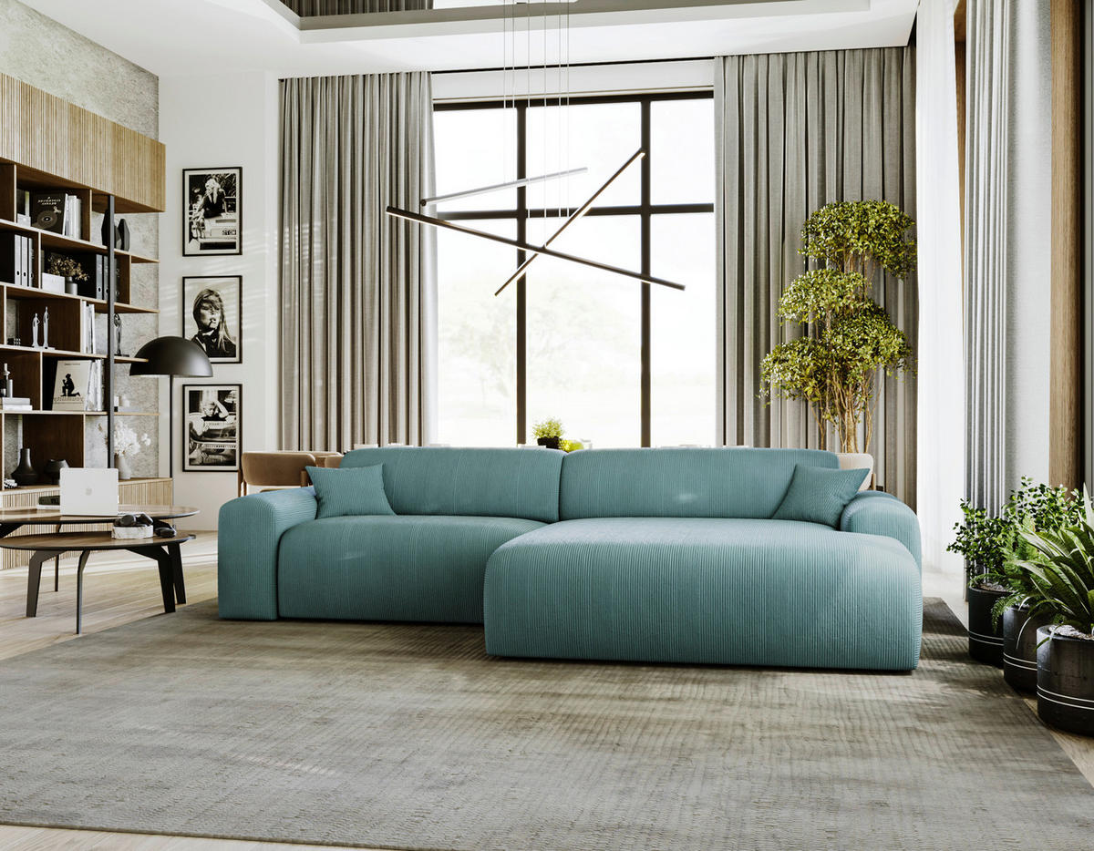 ECKSOFA in Velours, Feincord Salbeigrün  - Salbeigrün/Schwarz, Design, Kunststoff/Textil (292/178cm) - Livetastic