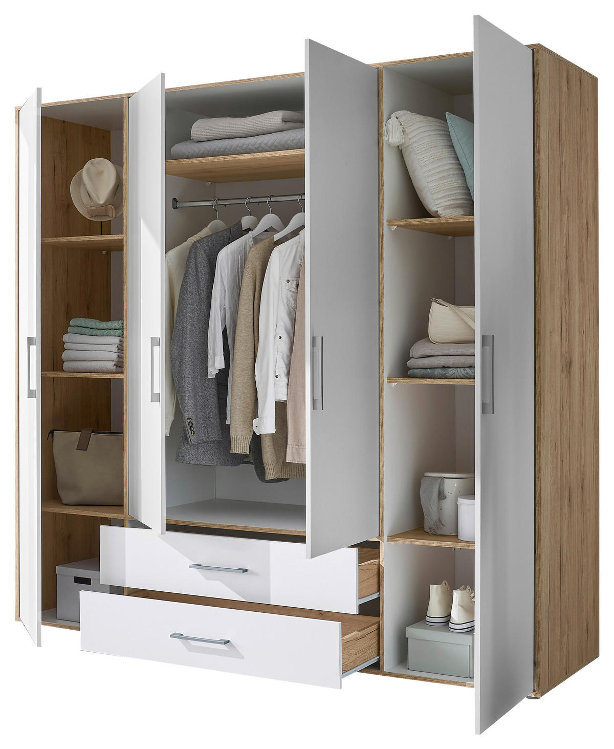 KLEIDERSCHRANK 206/195/60 cm 4-türig Weiß, Eiche Artisan  - Alufarben/Weiß, Basics, Holzwerkstoff/Kunststoff (206/195/60cm)