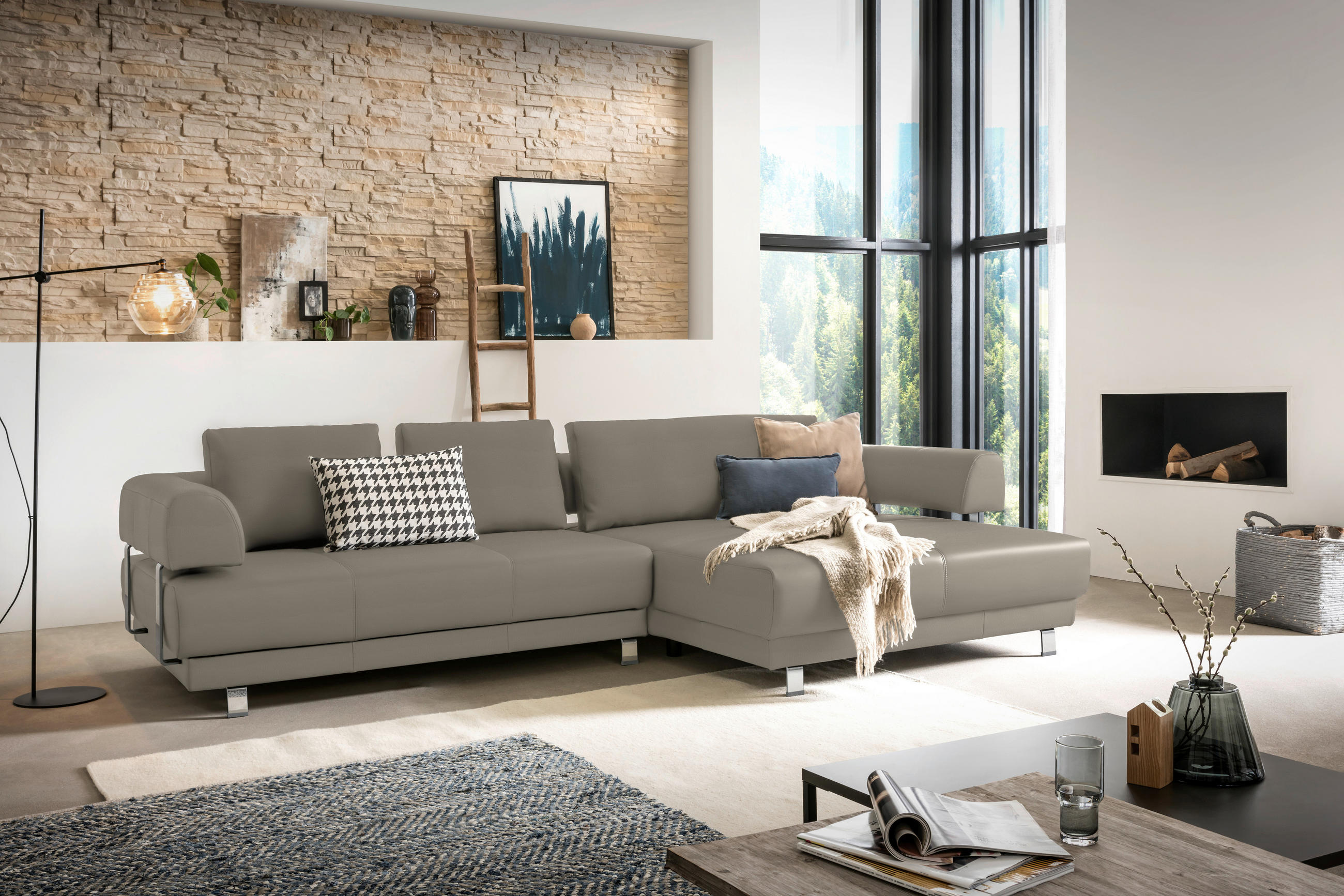 ECKSOFA in Echtleder Hellbraun  - Hellbraun, Design, Leder/Metall (307/188cm)