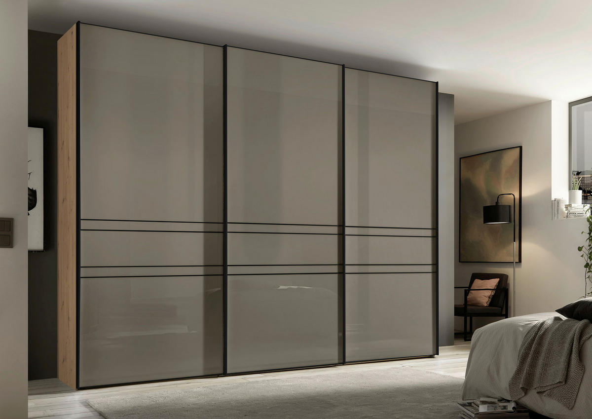 SCHWEBETÜRENSCHRANK 280/222/68 cm 3-türig Eiche Artisan, Mokka  - Graphitfarben/Eiche Artisan, Design, Glas/Holzwerkstoff (280/222/68cm) - Moderano