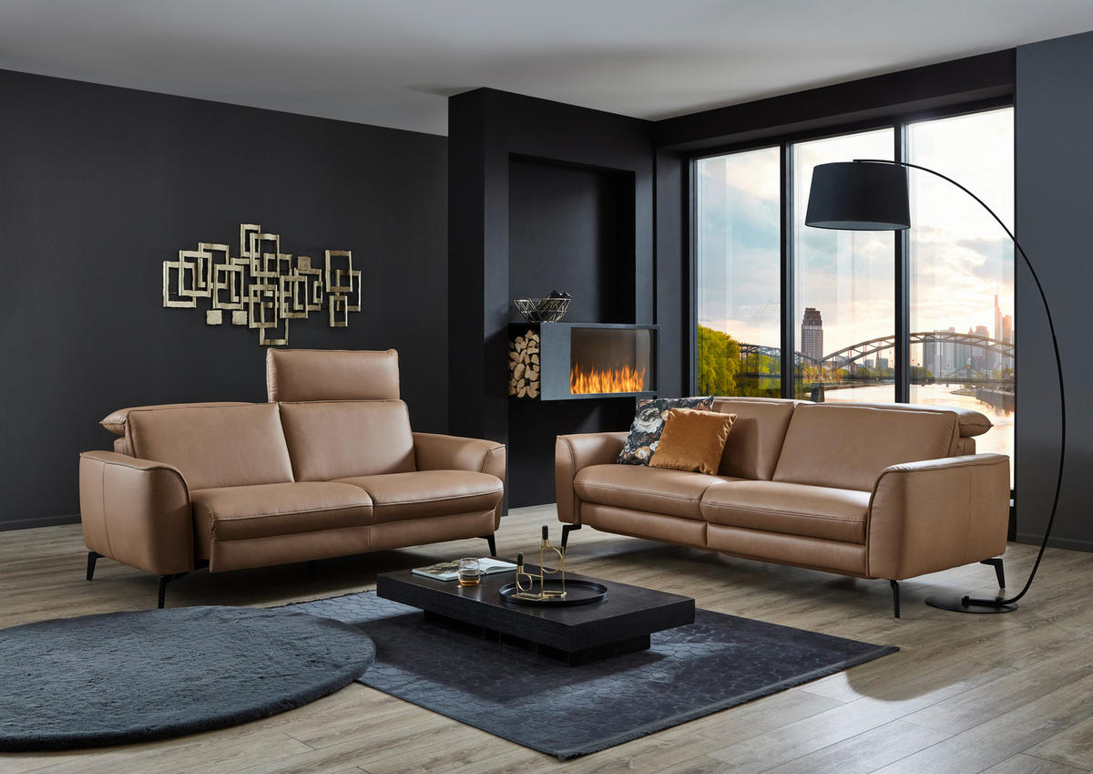 3-SITZER-SOFA in Echtleder Haselnussfarben  - Schwarz/Haselnussfarben, Natur, Leder/Metall (222/81/110cm) - Valdera