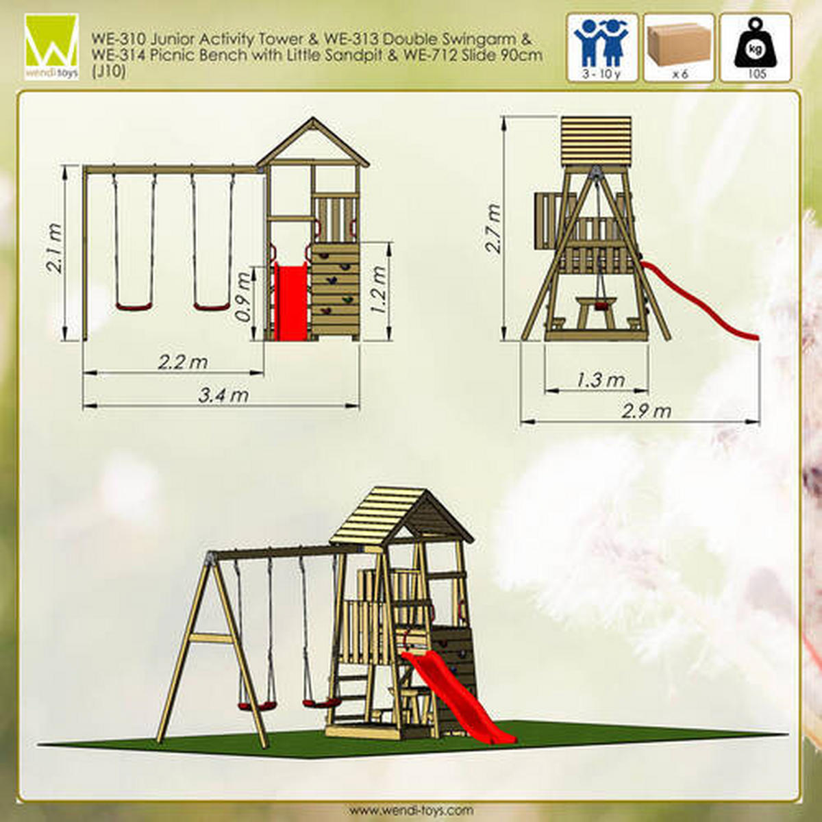 SPIELTURM 340/270/290 cm  - Rot/Naturfarben, KONVENTIONELL, Holz (340/270/290cm) - Ambia Garden