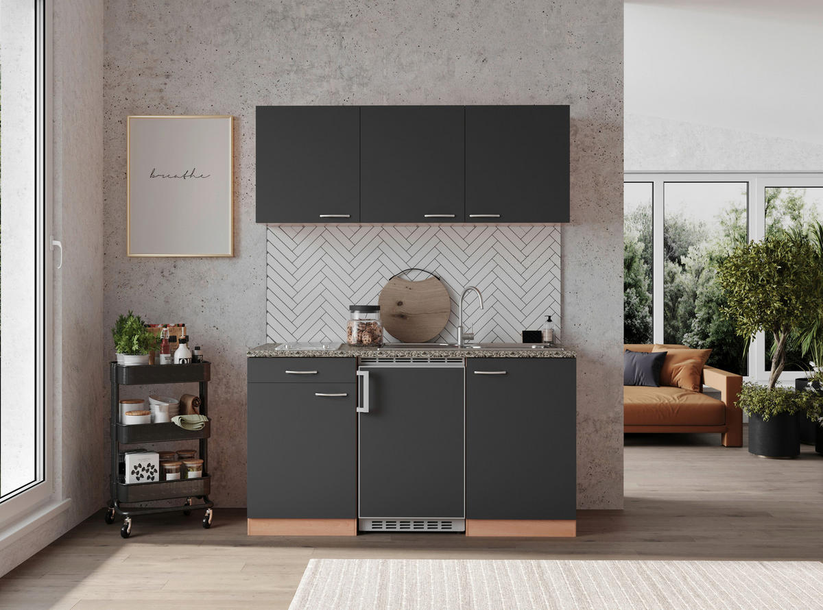 MINIKÜCHE 150 cm   in Grau, Buchefarben  - Buchefarben/Alufarben, Konventionell, Holzwerkstoff/Kunststoff (150cm) - Respekta