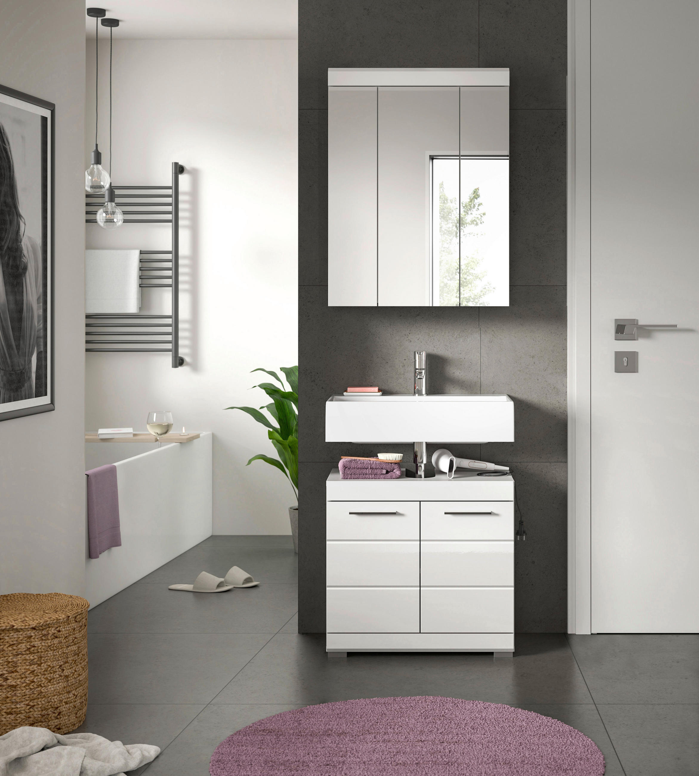 BADEZIMMER 2-teilig  in 60 cm  - Weiß Hochglanz/Silberfarben, MODERN, Glas/Holzwerkstoff (60cm) - MID.YOU