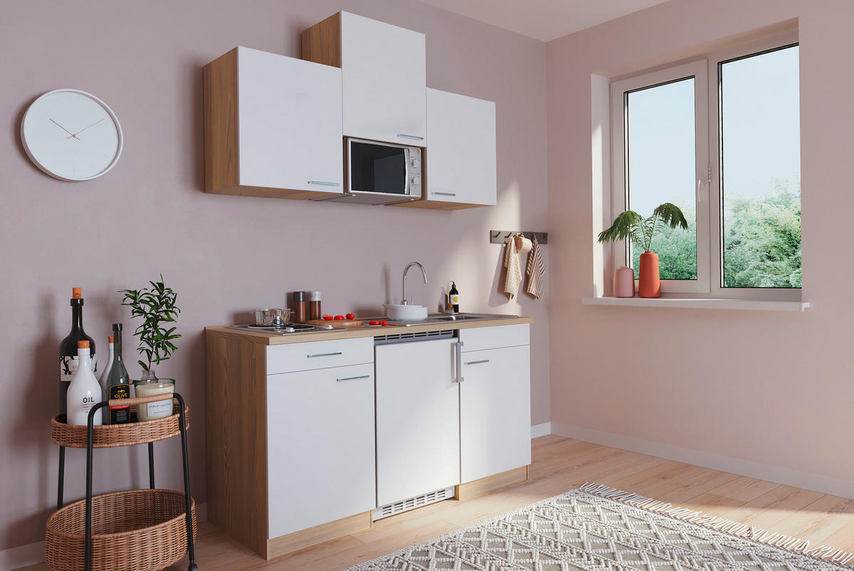 MINIKÜCHE 150 cm   in Weiss, Eichefarben  - Weiss/Eichefarben, Basics, Holzwerkstoff (150cm) - Respekta