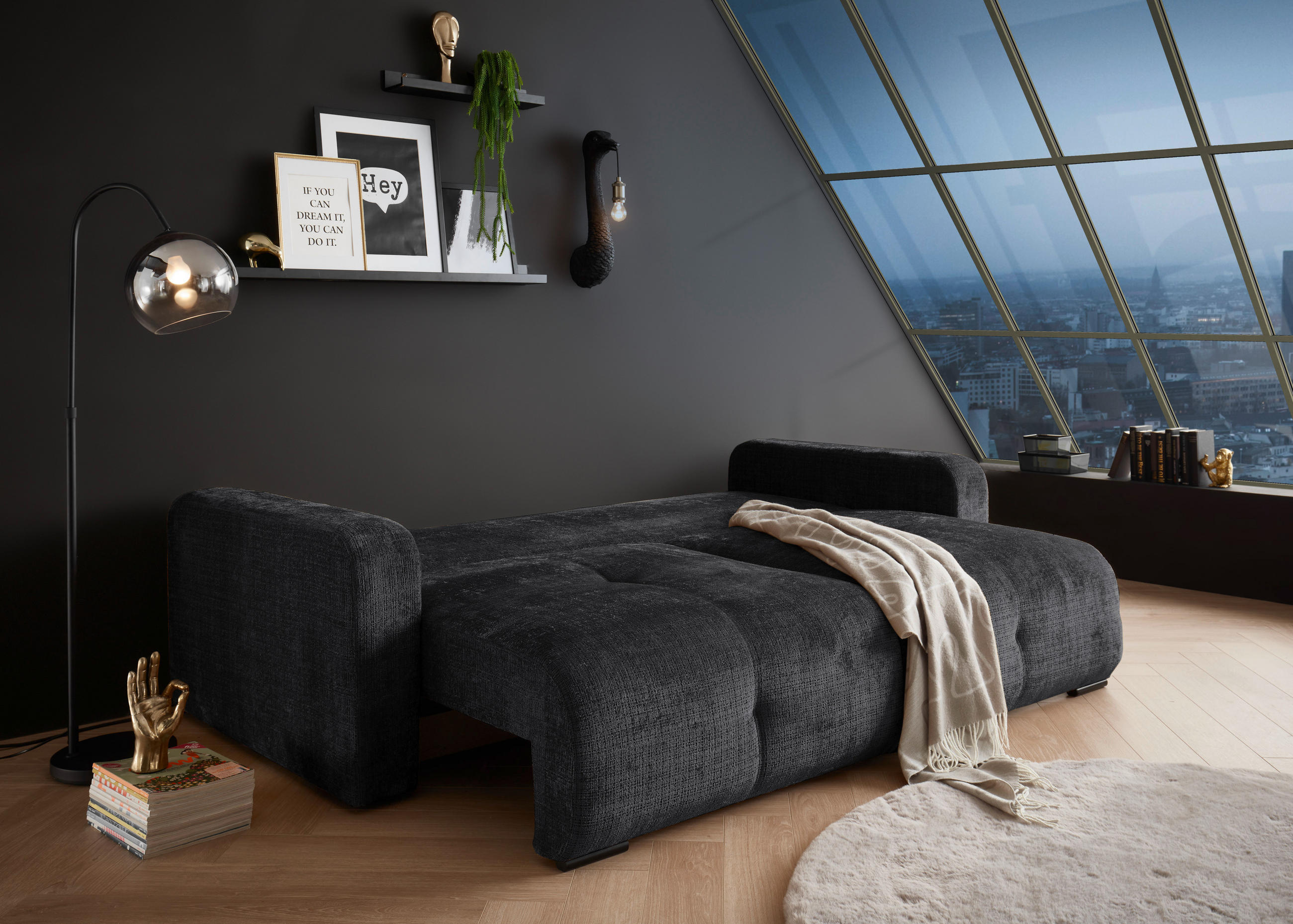 BÄDDSOFFA i chenille svart  - svart, Klassisk, textil/plast (235/88/120cm) - MID.YOU