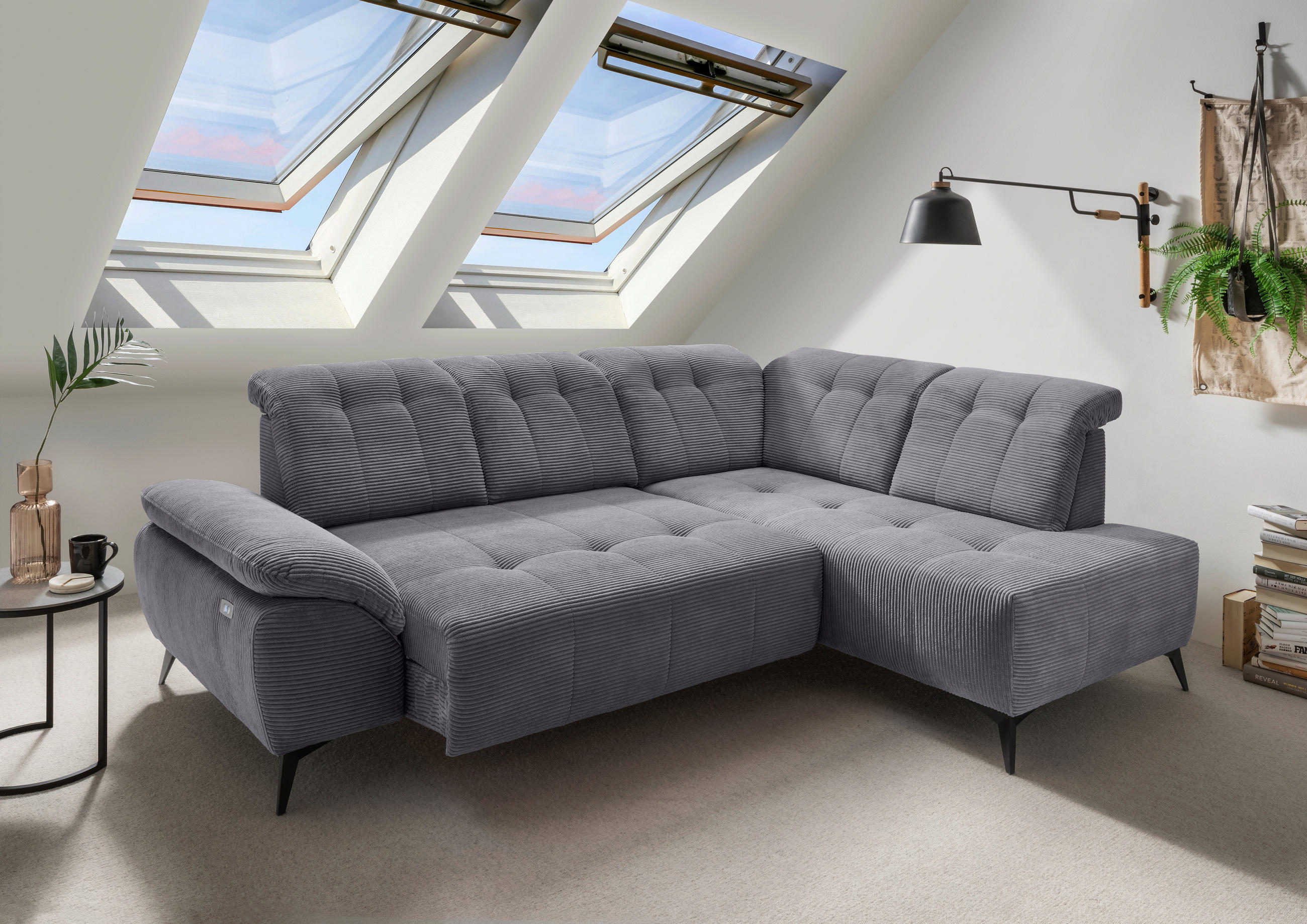 ECKSOFA in Cord Grau  - Schwarz/Grau, Modern, Textil/Metall (272/200cm) - Livetastic