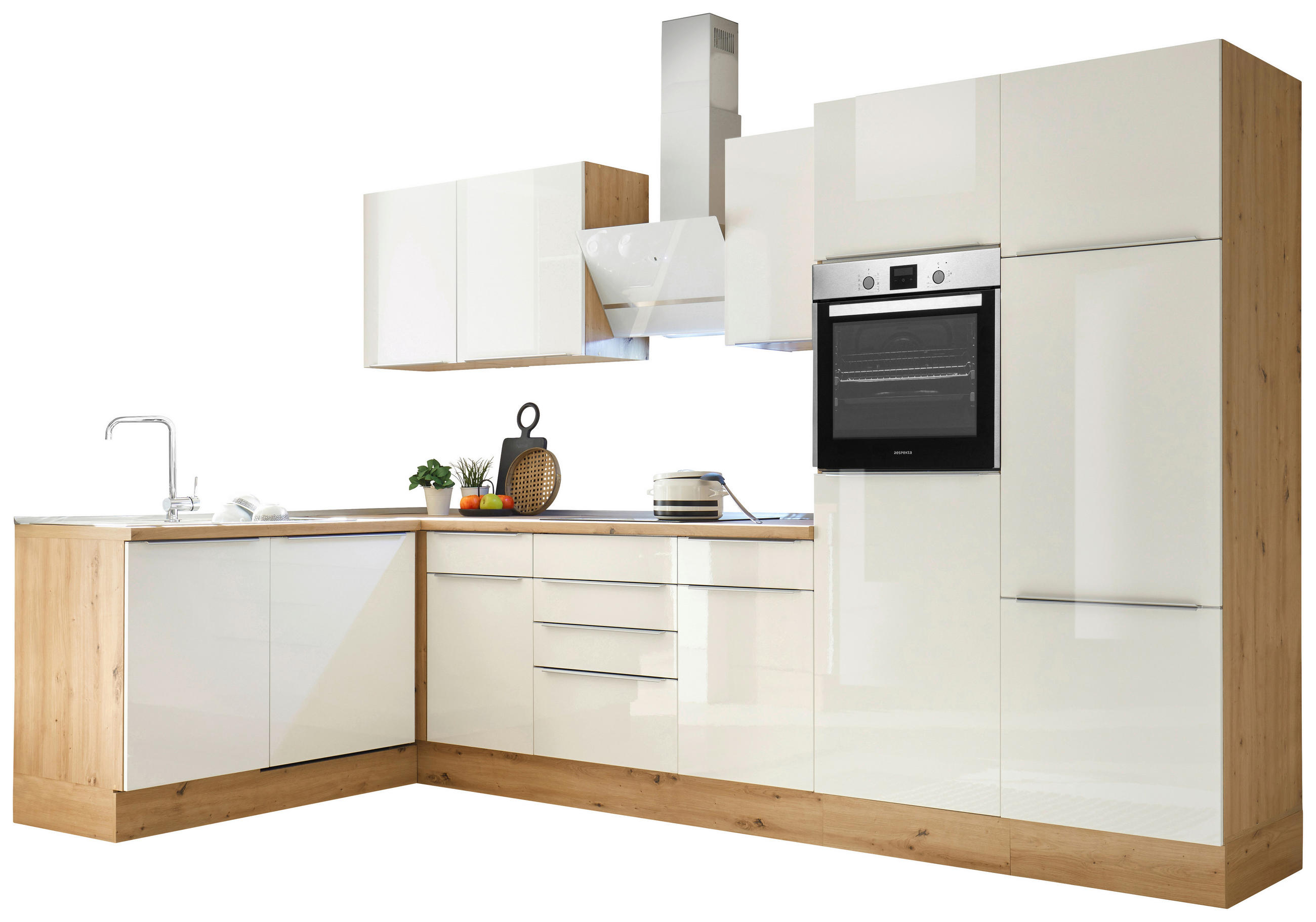 HÖRNKÖK 170/340 cm i ek Artisan, vit högglans - aluminiumfärg/vit högglans, Lifestyle, trämaterial/plast (170/340cm) - Respekta
