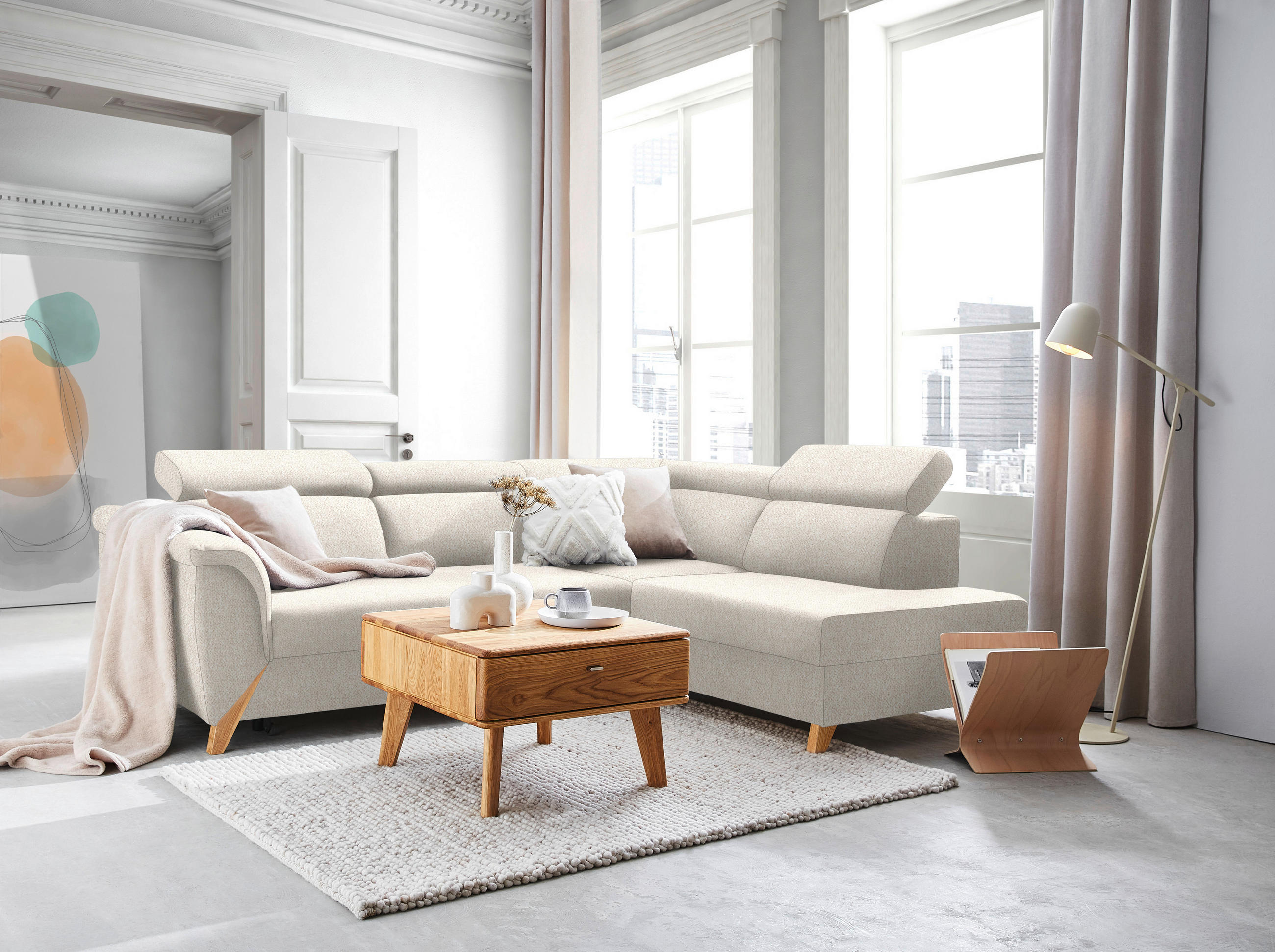 ECKSOFA in Bouclé Weiß  265/200 cm  - Naturfarben/Weiß, KONVENTIONELL, Holz/Textil (265/200cm) - Stylife