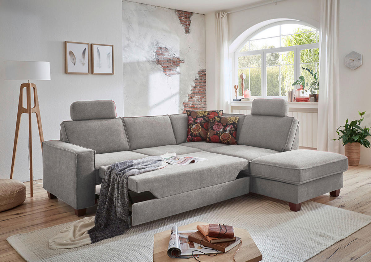 ECKSOFA in Chenille, Flachgewebe Hellgrau  - Nussbaumfarben/Hellgrau, Konventionell, Holz/Textil (236/213cm) - Sit & More