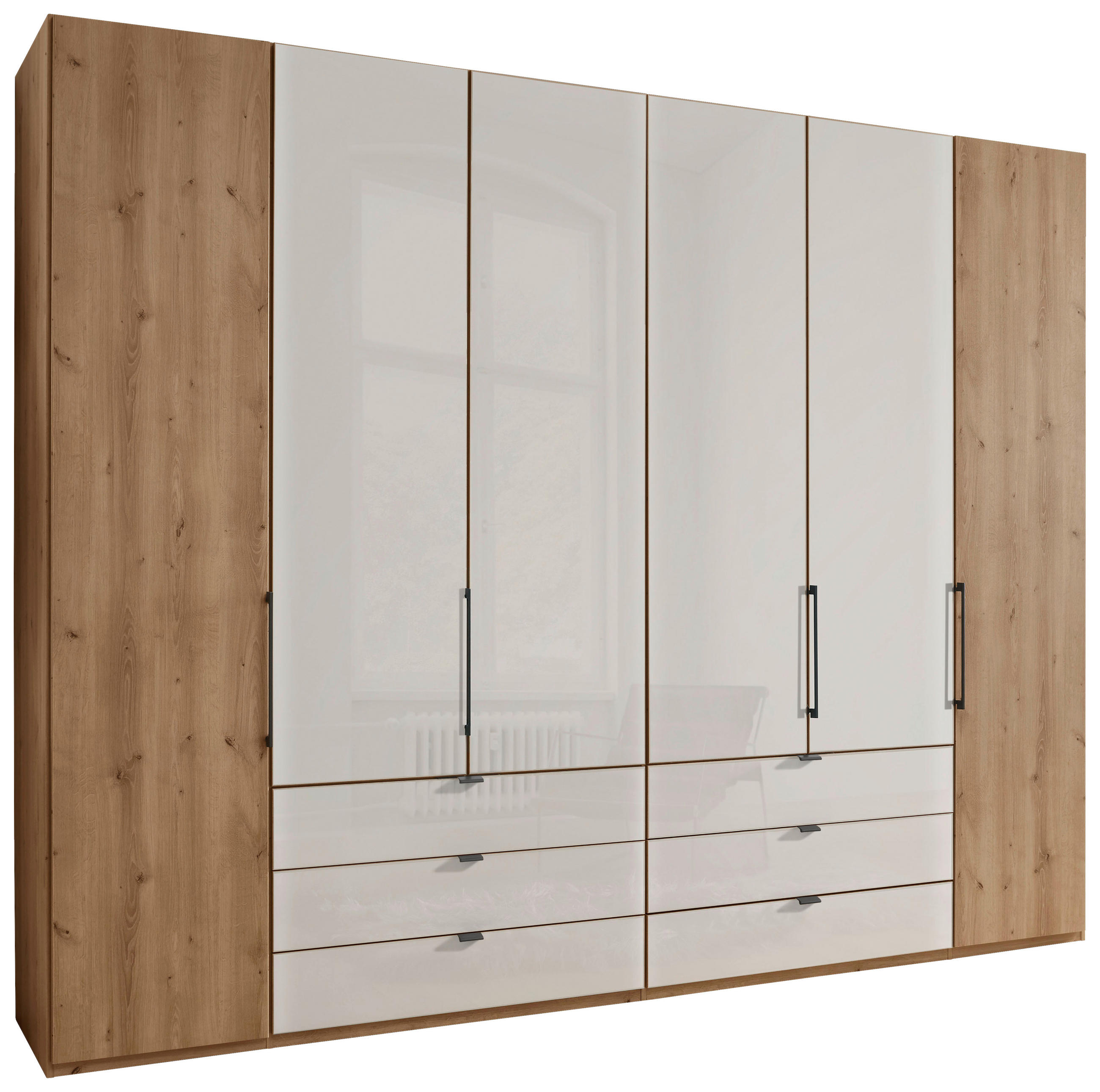 DREHTÜRENSCHRANK 300/216/58 cm 6-türig Champagner, Eiche Bianco  - Schieferfarben/Eiche Bianco, KONVENTIONELL, Glas/Holzwerkstoff (300/216/58cm) - Dieter Knoll