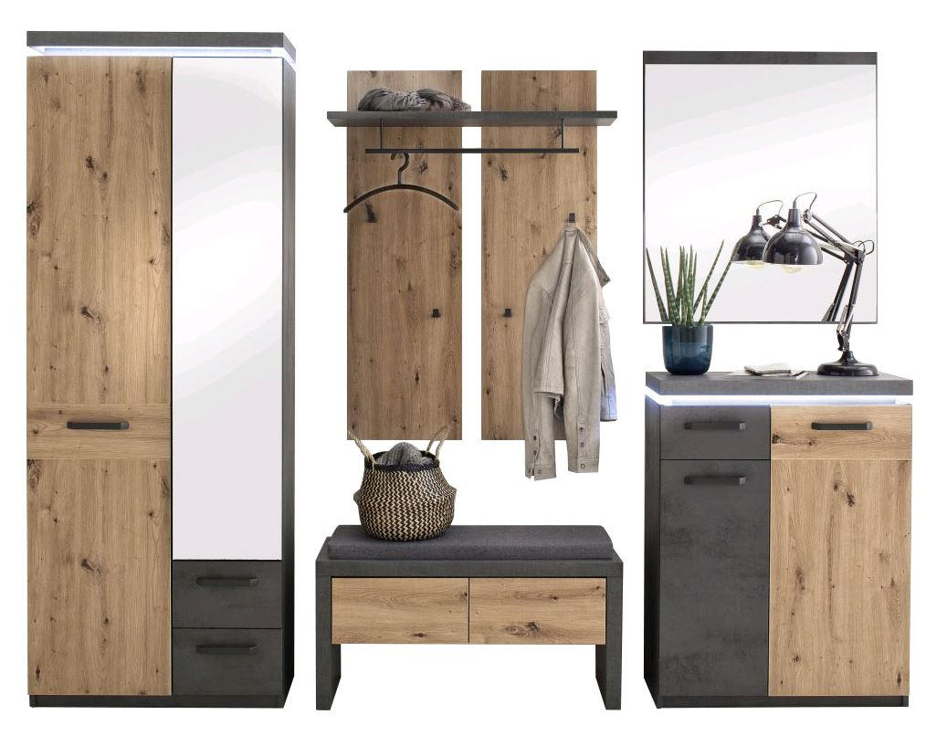 GARDEROBE 5-teilig in 261/201/38 cm - Eichefarben/Dunkelgrau, Design, Holzwerkstoff (261/201/38cm) - Voleo