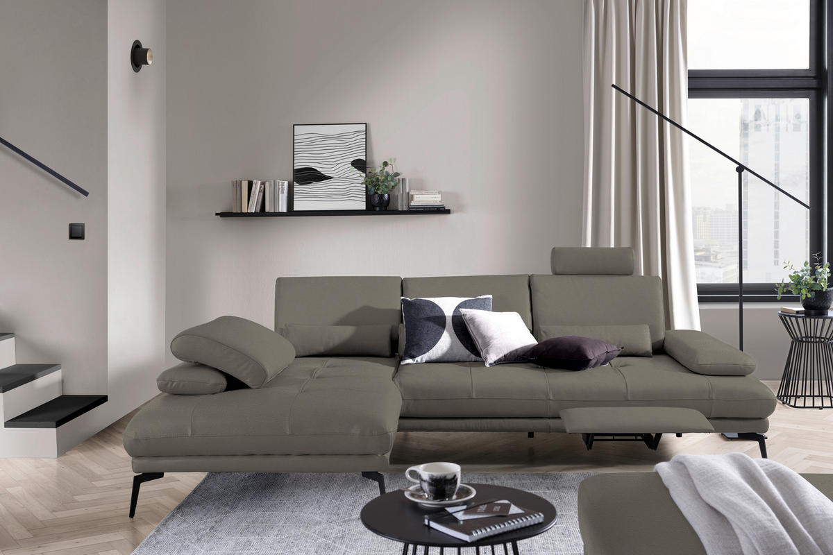 ECKSOFA in Echtleder Graubraun  - Graubraun/Schwarz, Design, Leder/Metall (187/273cm) - Celina Home
