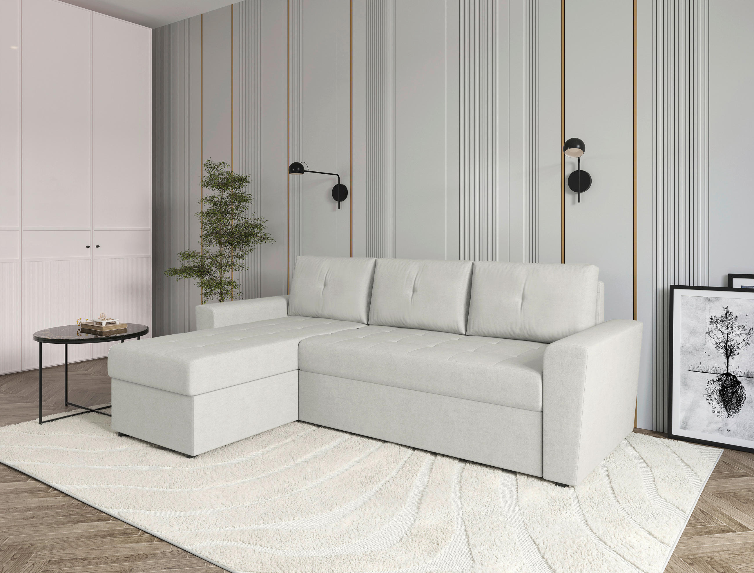 ECKSOFA TERMOLI in Jacquard Beige  155/231 cm  - Beige/Schwarz, Design, Kunststoff/Textil (155/231cm) - MID.YOU