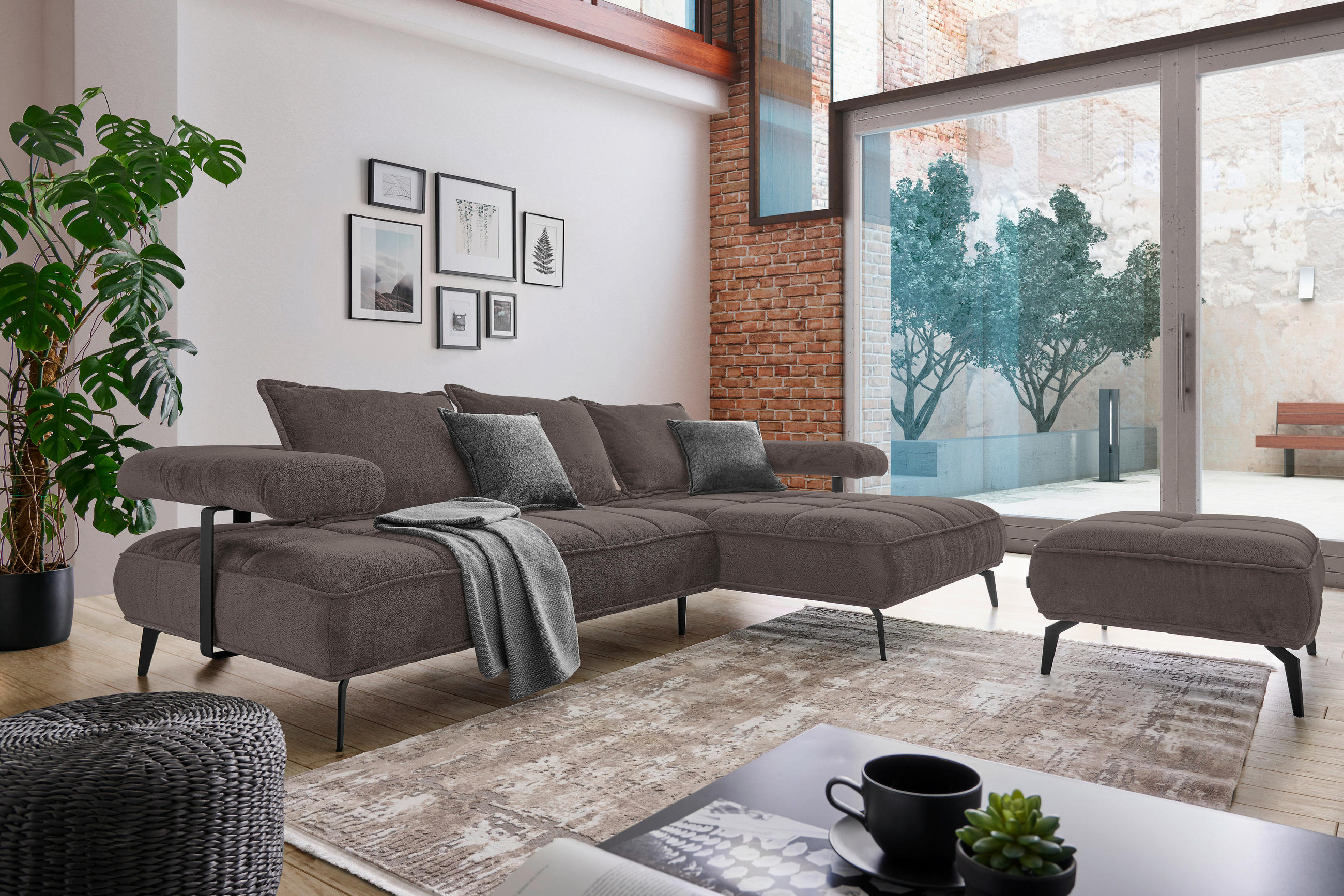 ECKSOFA in Webstoff Dunkelbraun  - Dunkelbraun/Schwarz, Design, Textil/Metall (266/180cm) - Welnova