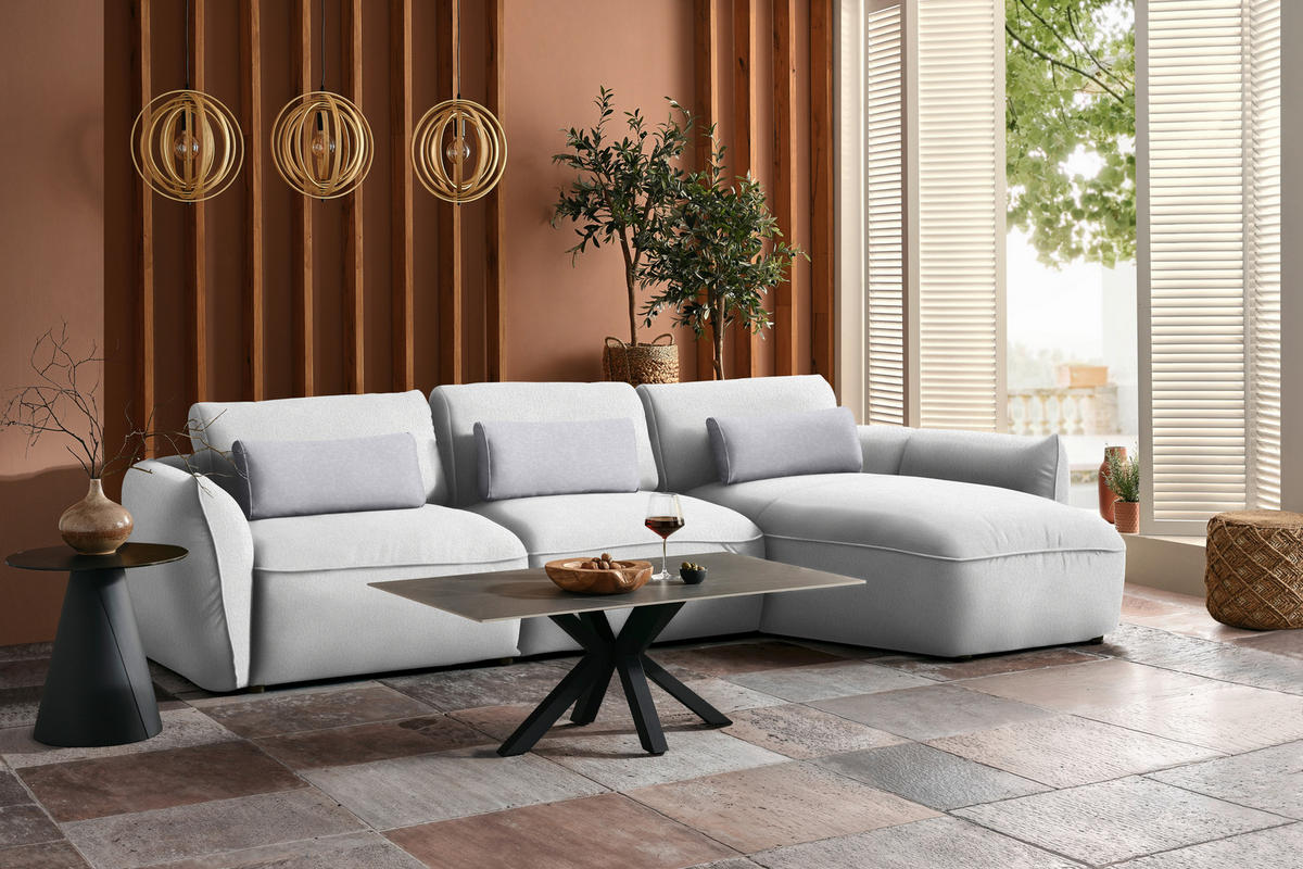 ECKSOFA  in Chenille Weiß  340/190 cm  - Greige/Schwarz, Design, Kunststoff/Textil (340/190cm) - Belluti