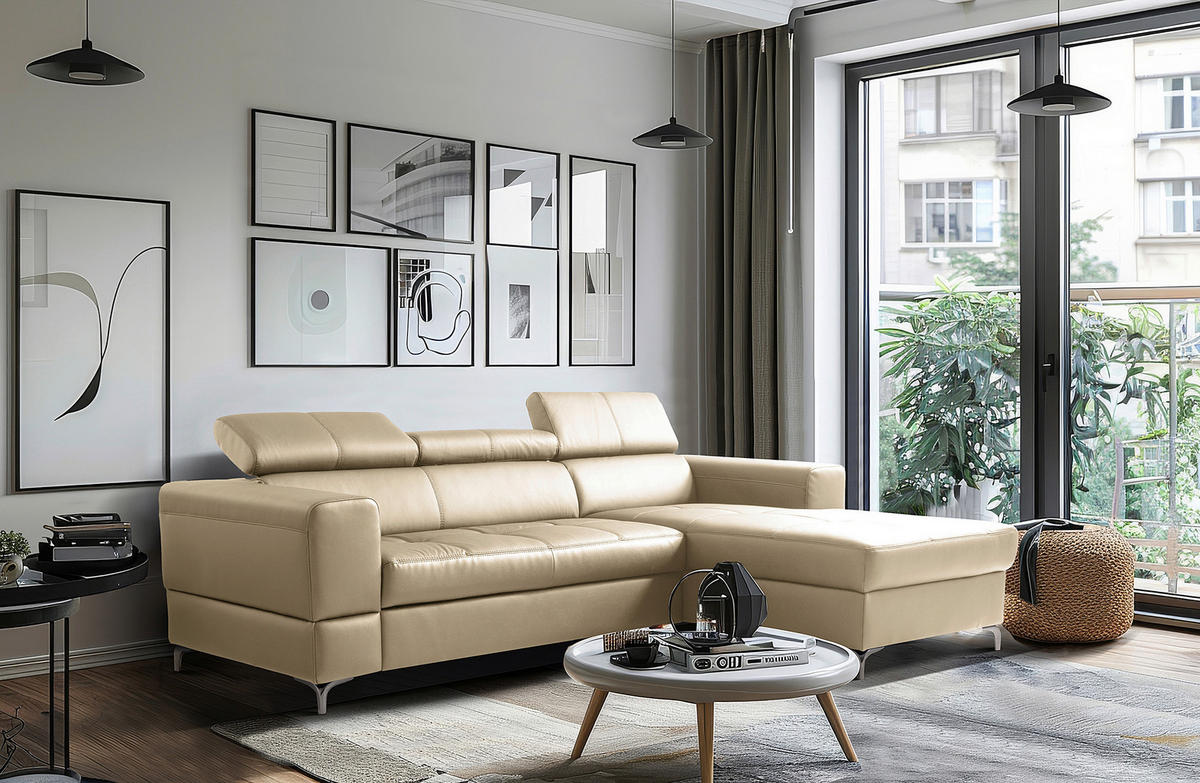 ECKSOFA Hellgrau Echtleder Lederlook  - Hellgrau/Schwarz, Design, Leder/Textil (247/173cm) - Livetastic