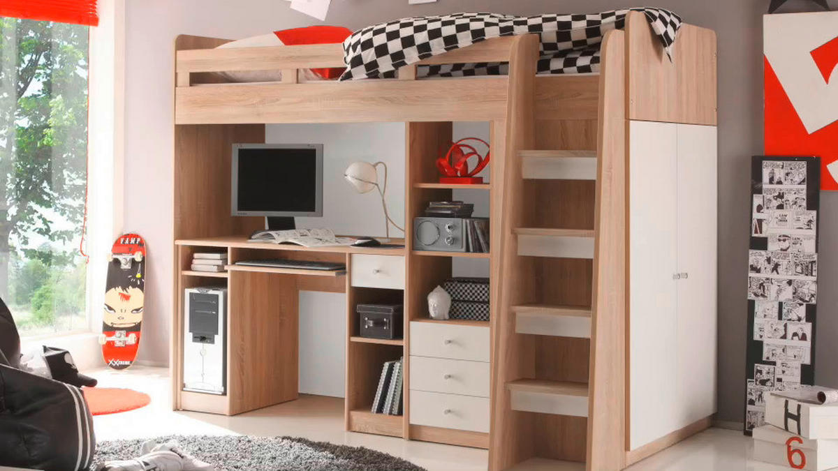 LOFTSÄNG 90/200 cm  - vit/ekfärgad, Modern, trämaterial (90/200cm) - MID.YOU