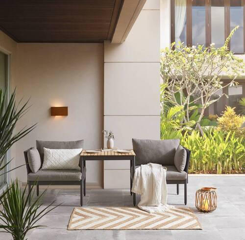 ENSEMBLE DE BALCON  3-teilig  - Grau/Teakfarben, Design, Holz/Textil (217/75/66cm) - Amatio