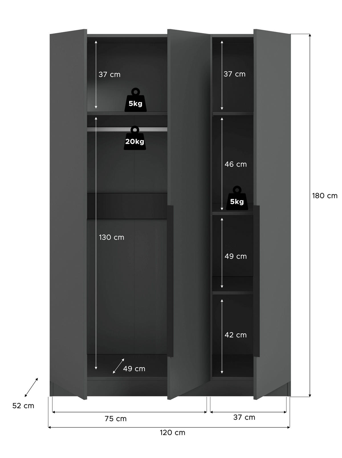 DREHTÜRENSCHRANK  in Anthrazit  - Anthrazit/Schwarz, MODERN, Holzwerkstoff/Kunststoff (120/181/52cm) - MID.YOU