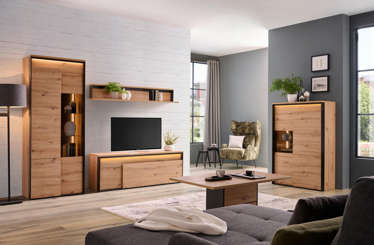HIGHBOARD WOHNZIMMER  in 95,2/140,5/41,5 cm  - Schwarz/Eiche Artisan, Design, Glas/Holzwerkstoff (95,2/140,5/41,5cm) - Hom`in