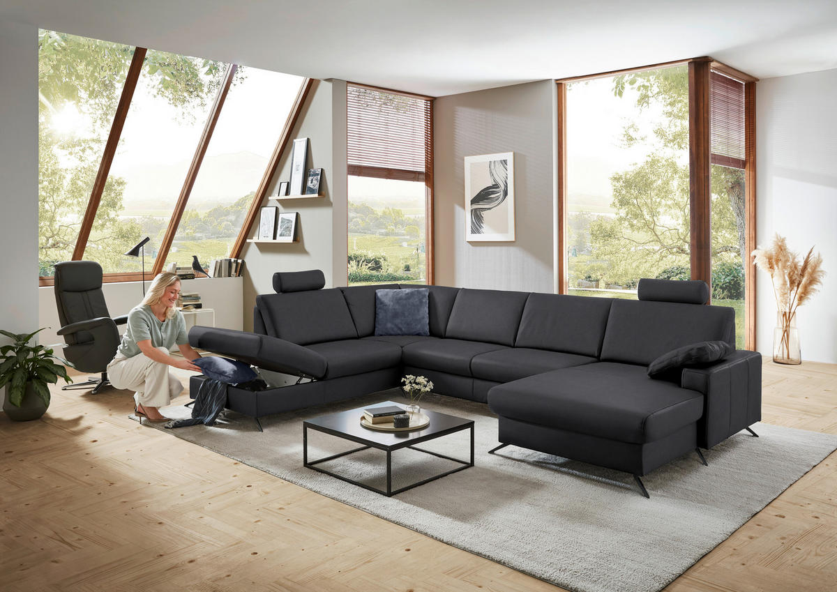 WOHNLANDSCHAFT in Echtleder Anthrazit  - Anthrazit/Schwarz, Design, Leder/Metall (233/339/165cm) - Beldomo Premium