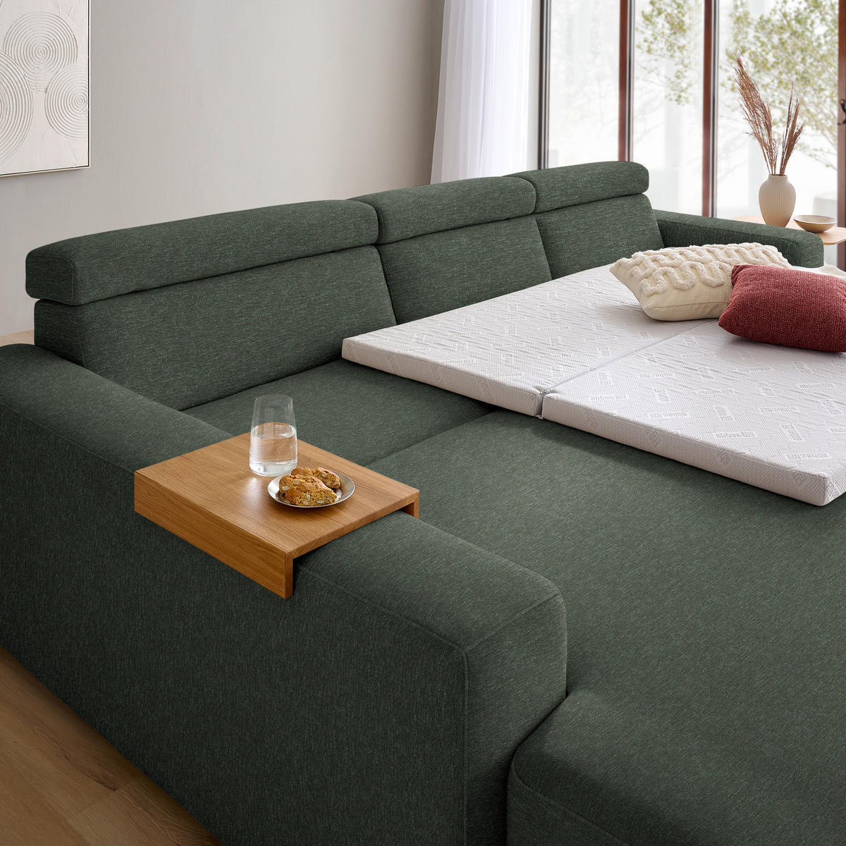 ECKSOFA  in Chenille Dunkelgrün  206/316 cm  - Dunkelgrün/Eichefarben, Design, Textil (206/316cm) - Sedda