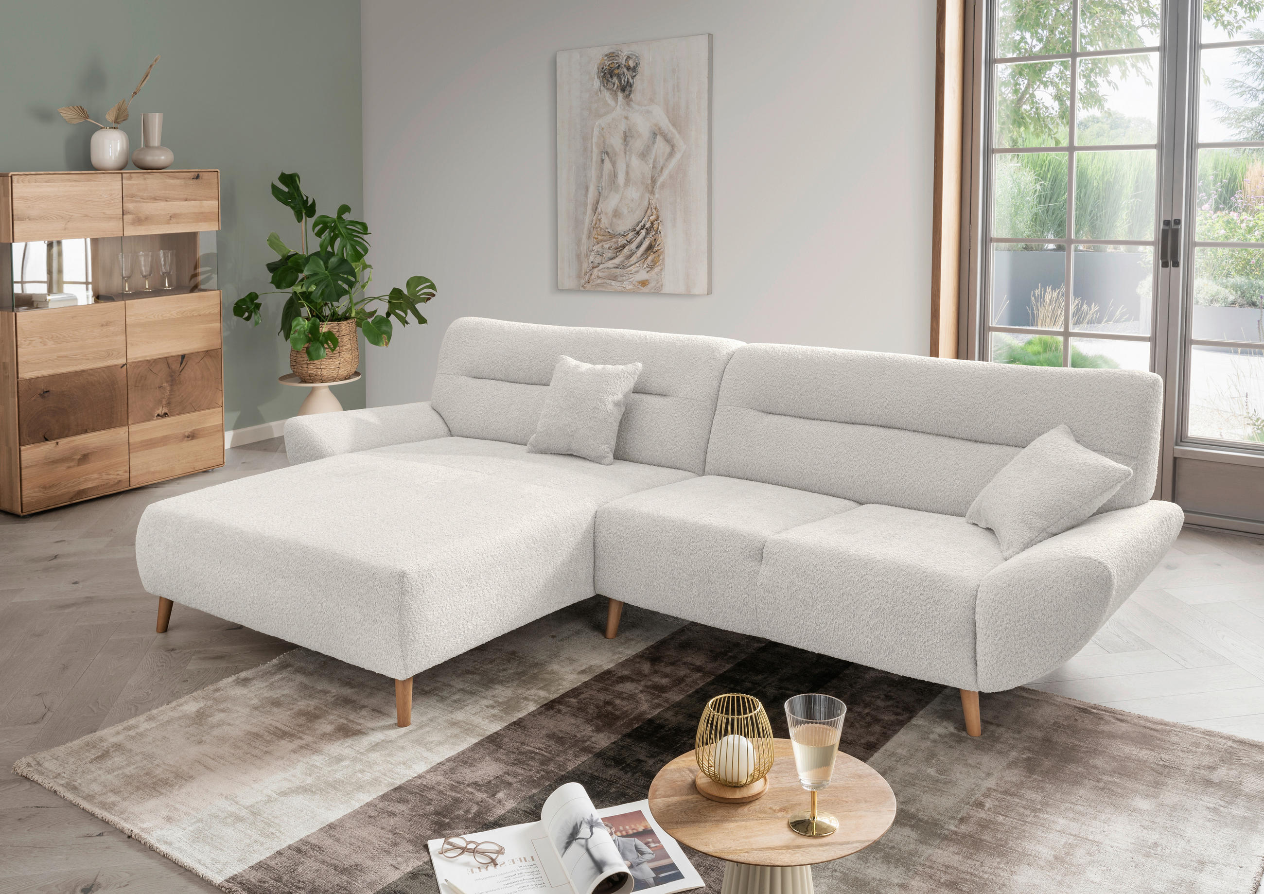 ECKSOFA Weiß Bouclé  - Wildeiche/Weiß, KONVENTIONELL, Holz/Textil (166/290cm) - MID.YOU