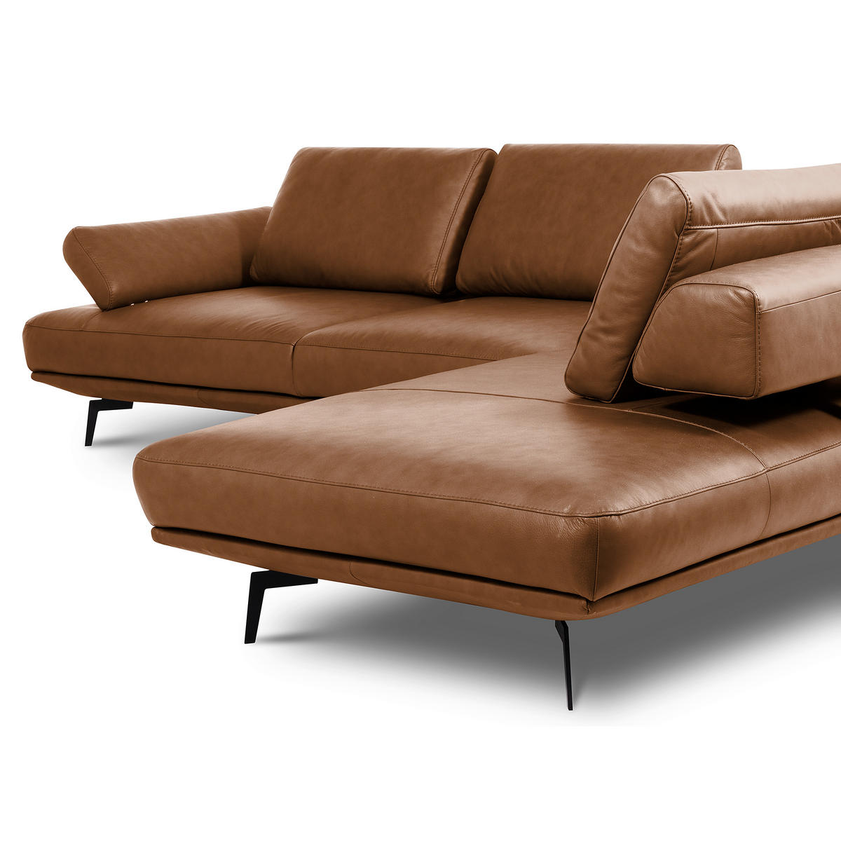 ECKSOFA Cognac Echtleder  - Cognac/Schwarz, Design, Leder/Metall (306/237cm) - Livetastic