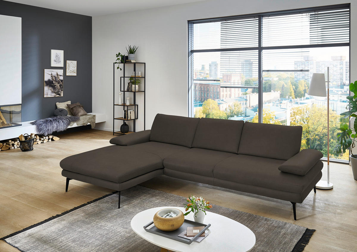 ECKSOFA in Echtleder Graubraun  - Graubraun/Schwarz, Design, Leder/Metall (180/310cm) - Dieter Knoll