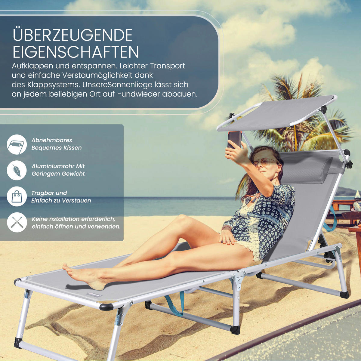 STRANDLIEGE 190/73/62 cm  - Taupe, Basics, Textil/Metall (190/73/62cm) - Modante