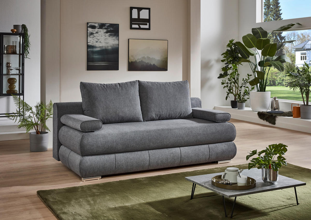 SCHLAFSOFA Webstoff Anthrazit  inkl. Rückenkissen, Armlehnenkissen, Bettkasten, Schlaffunktion, Rücken echt, Liegefläche im Originalstoff  - Edelstahlfarben/Anthrazit, KONVENTIONELL, Textil/Metall (199/95/97cm) - Carryhome