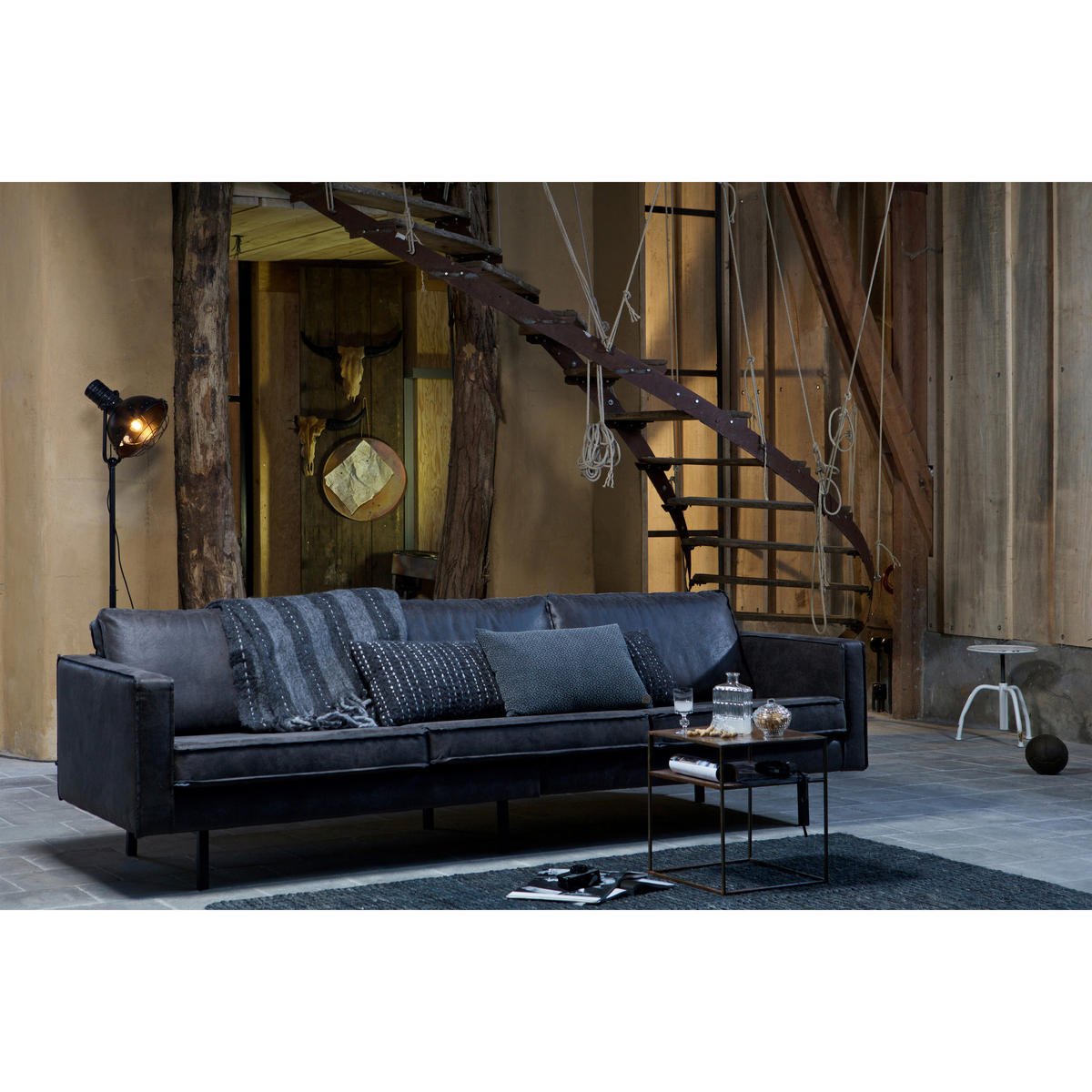 3-SITZER-SOFA Rodeo in Kombination Echtleder/Stoff Schwarz   - Schwarz, Design, Leder/Metall (277/85/86cm) - Livetastic