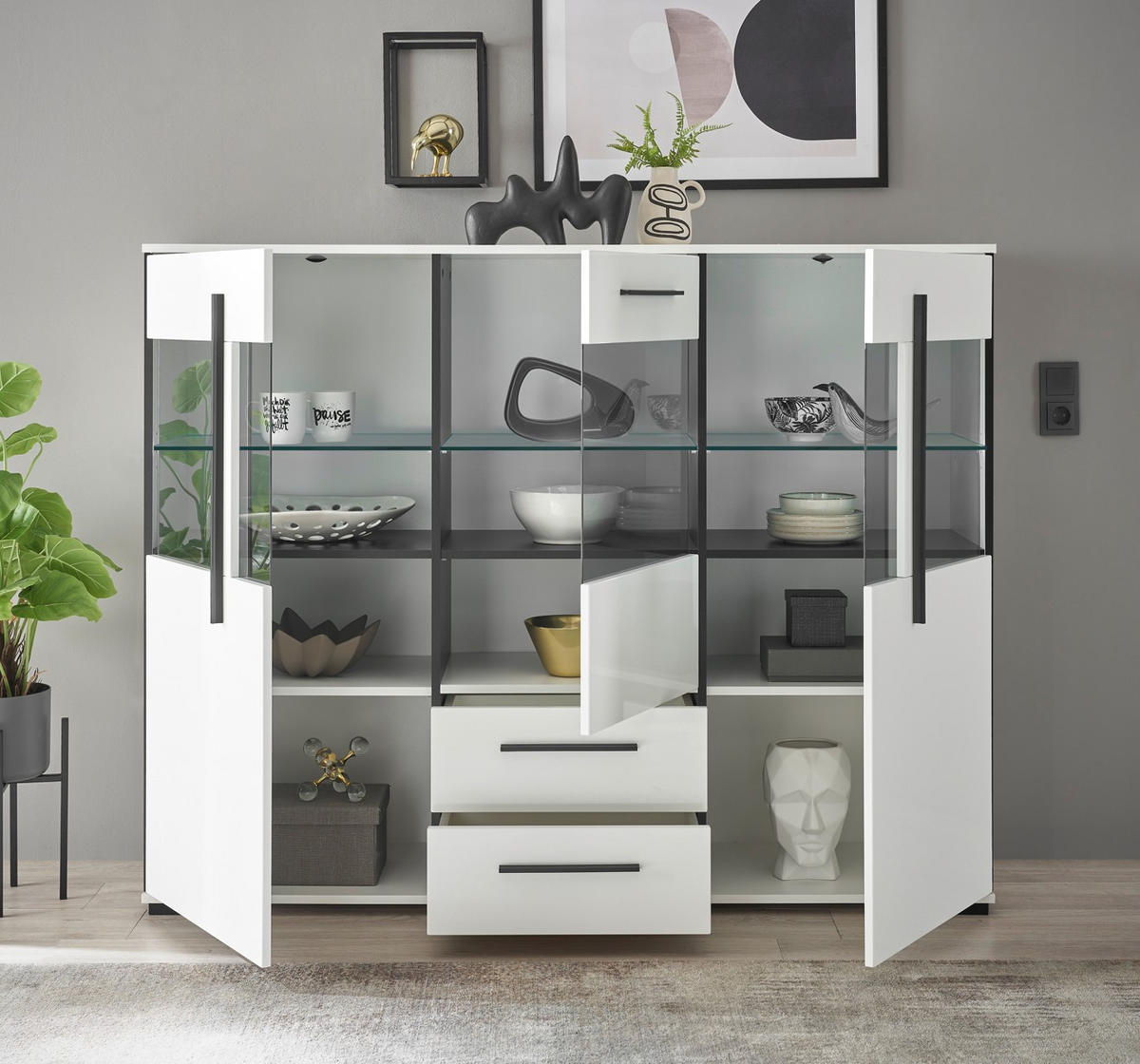 HIGHBOARD  160/126/42 cm 2 Schublade(n)  - Eichefarben/Weiß Hochglanz, Design, Glas/Holzwerkstoff (160/126/42cm) - Livetastic