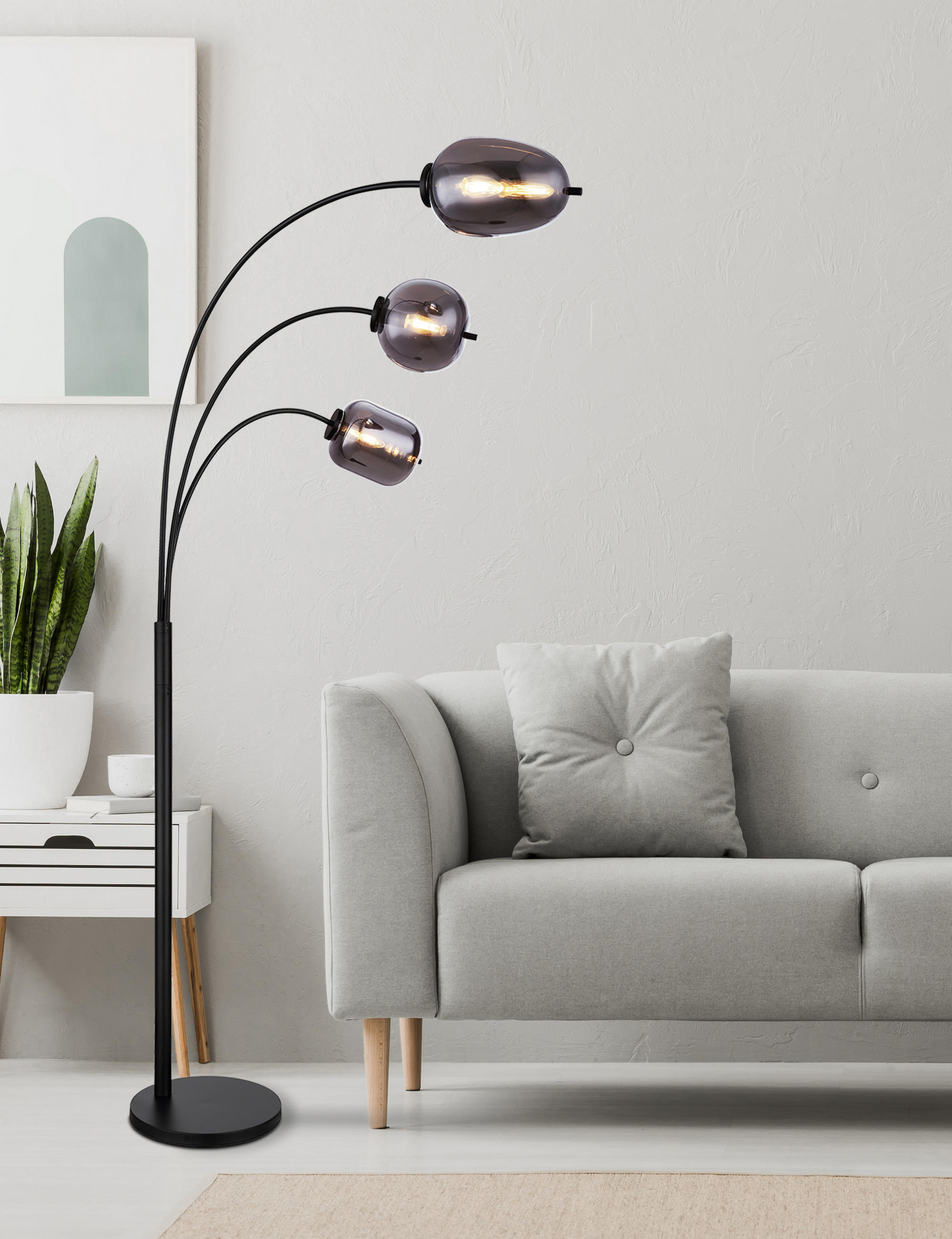 BOGENLEUCHTE 80/60/175 cm    - Schwarz/Grau, Design, Glas/Metall (80/60/175cm) - Globo